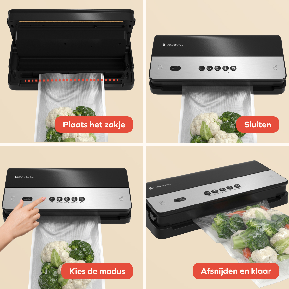 A vacuum sealer is shown in four steps: placing the bag, sealing, choosing mode, and finishing. Vegetables are in the bag.