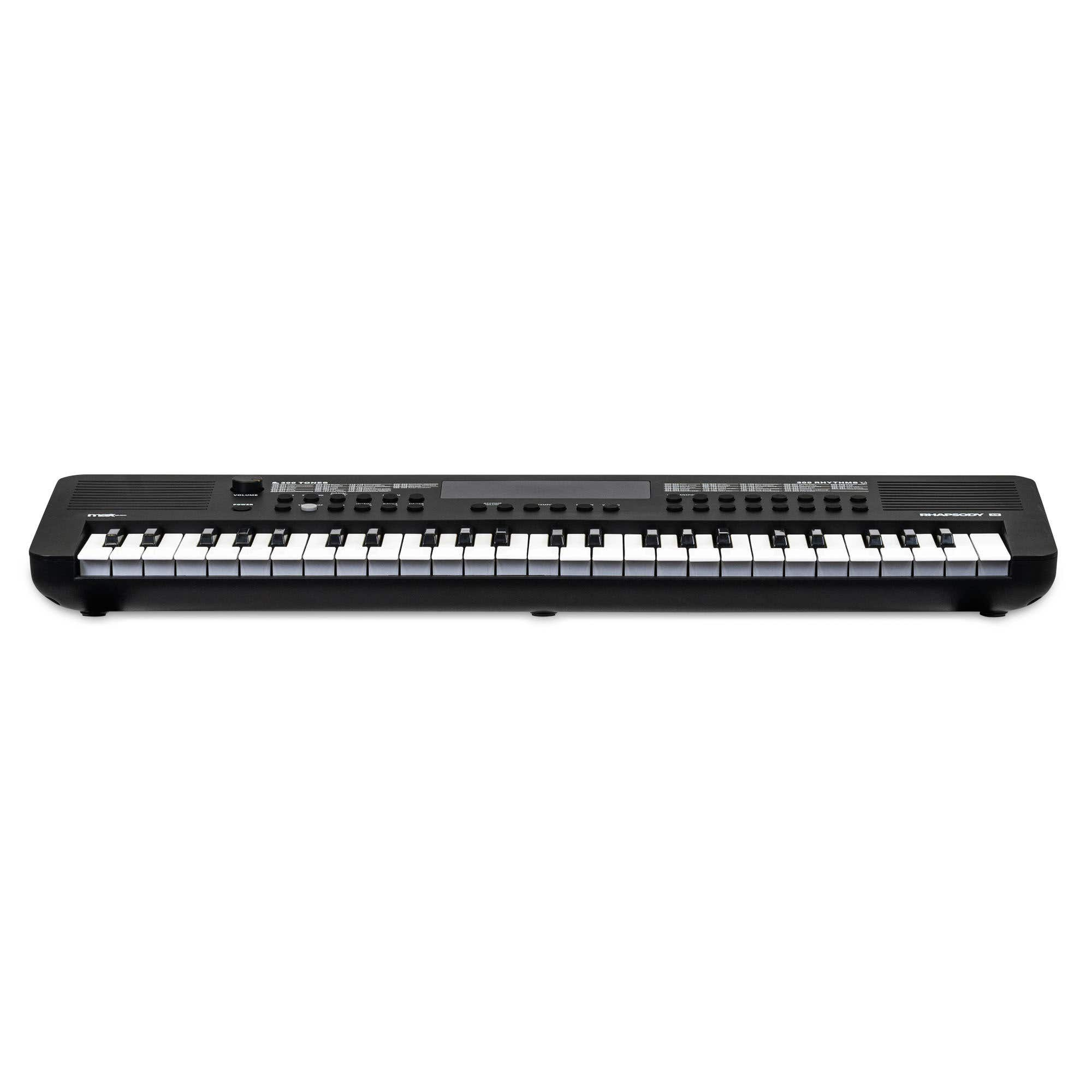 Eine schwarze Tastatur mit weißen und schwarzen Tasten steht auf weißem Hintergrund. Bedienelemente oben.