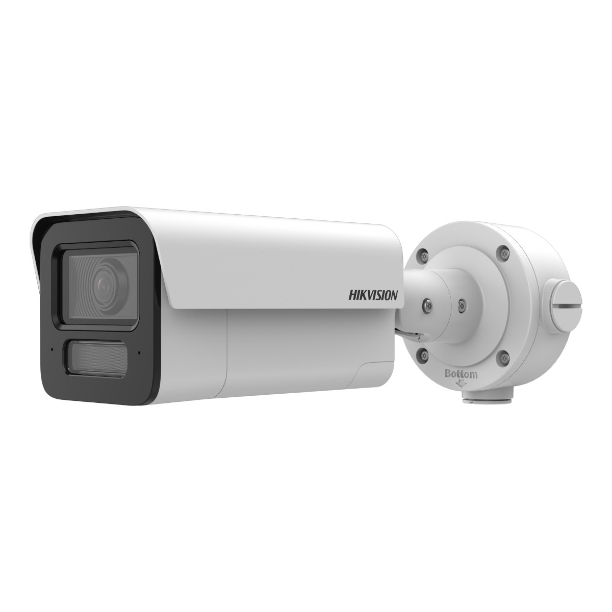 Eine weiße Hikvision-Überwachungskamera. Sie hat einen rechteckigen Körper mit Linse und ist auf einer kreisförmigen Basis montiert.