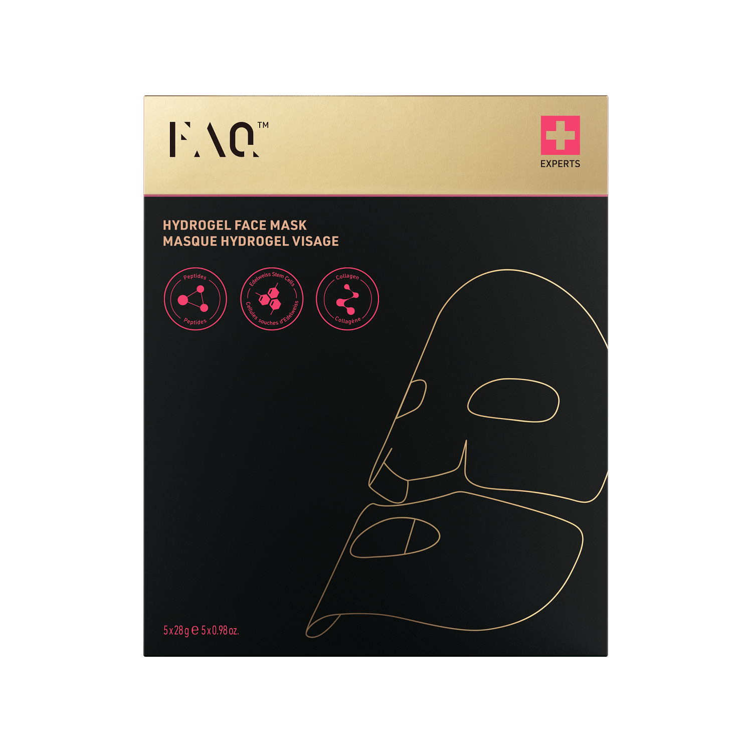 Altın çerçeveli siyah bir kutu, yüz maskesi, ürün detayları ve pembe vurgular. Metinde 'Hydrogel Face Mask' ve 'FAQ' yazmaktadır.