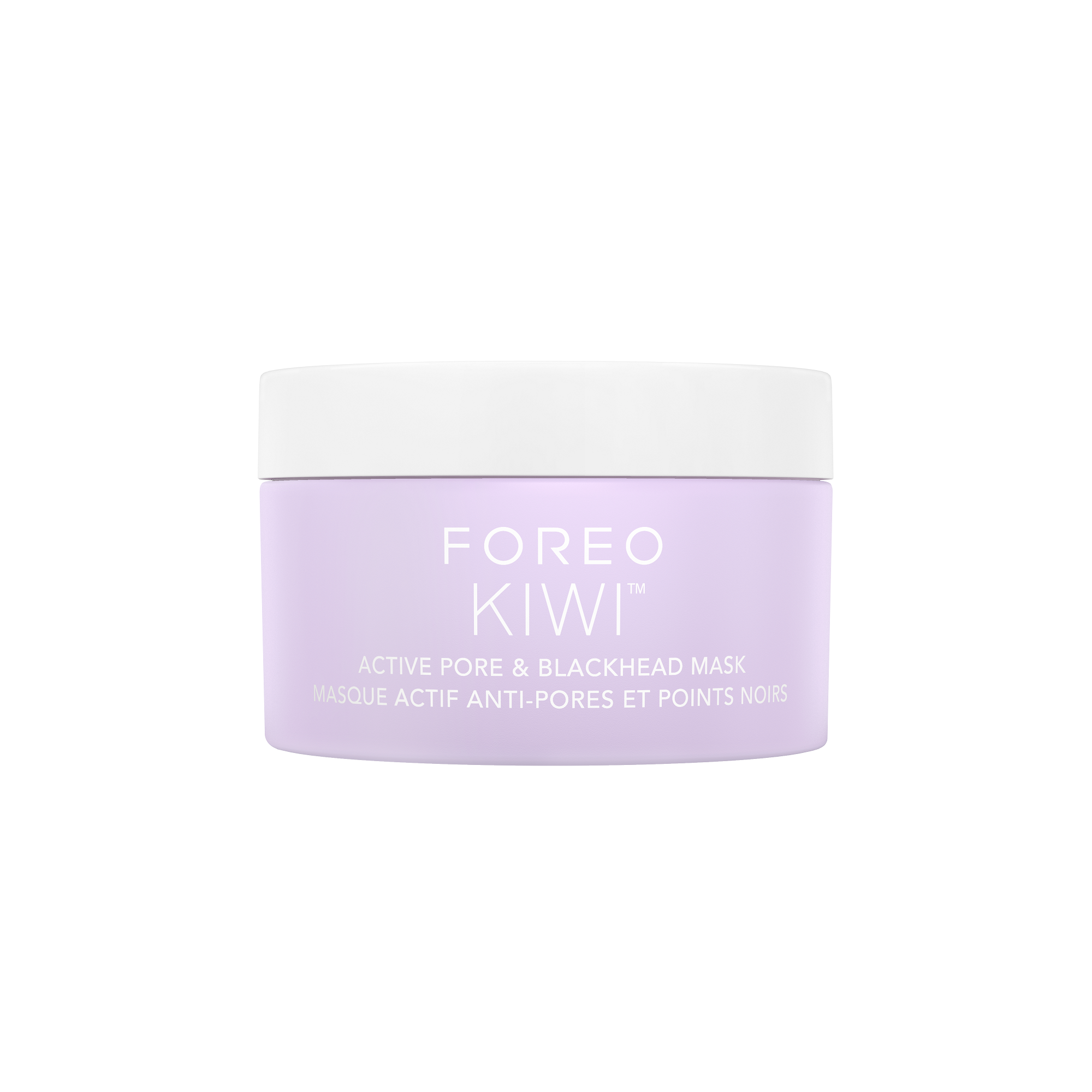 Foreo Kiwi aktif gözenek ve siyah nokta maskesi. Beyaz kapaklı, mor bir kavanoz. Kavanozdaki metin ürün adını içerir.