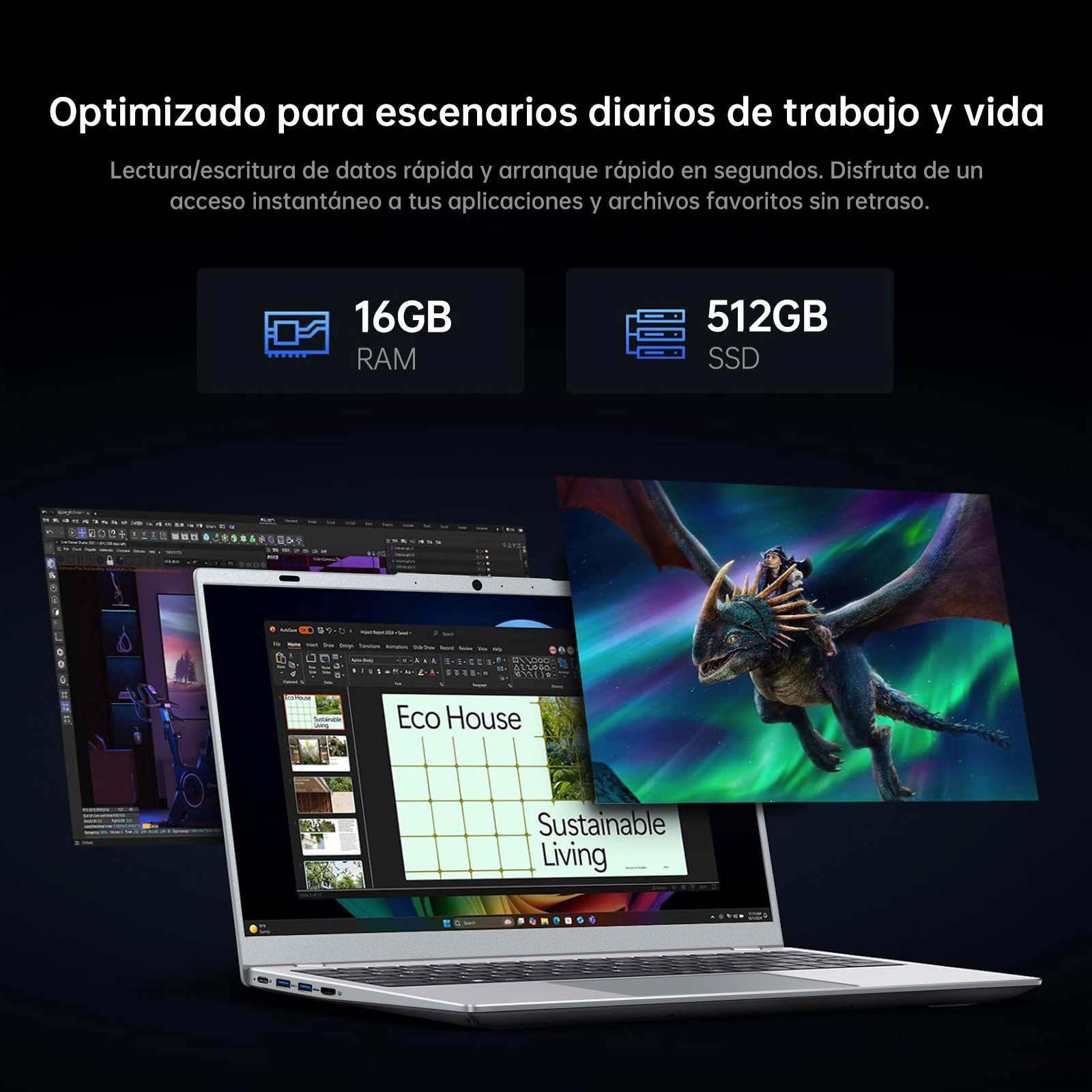 Ordenador portátil con programas abiertos, gráficos y una ilustración de dragón en pantalla, con especificaciones de RAM y SSD.