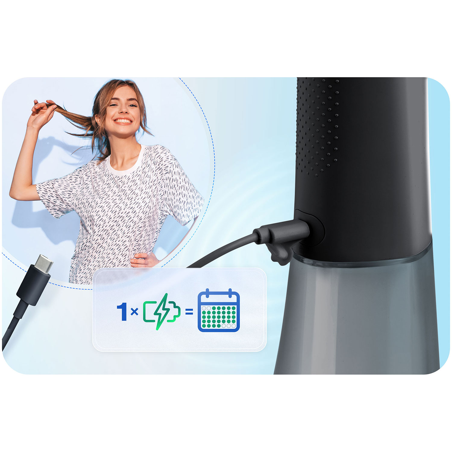 Kobieta z włosami i urządzeniem z kablem. Kalendarz wskazuje długą żywotność baterii po jednym ładowaniu.