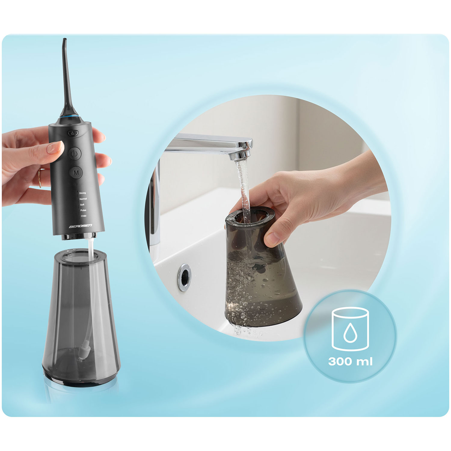 Osoba napełnia ciemny, przezroczysty pojemnik wodą z kranu. Druga ręka trzyma elektryczny irygator do jamy ustnej.