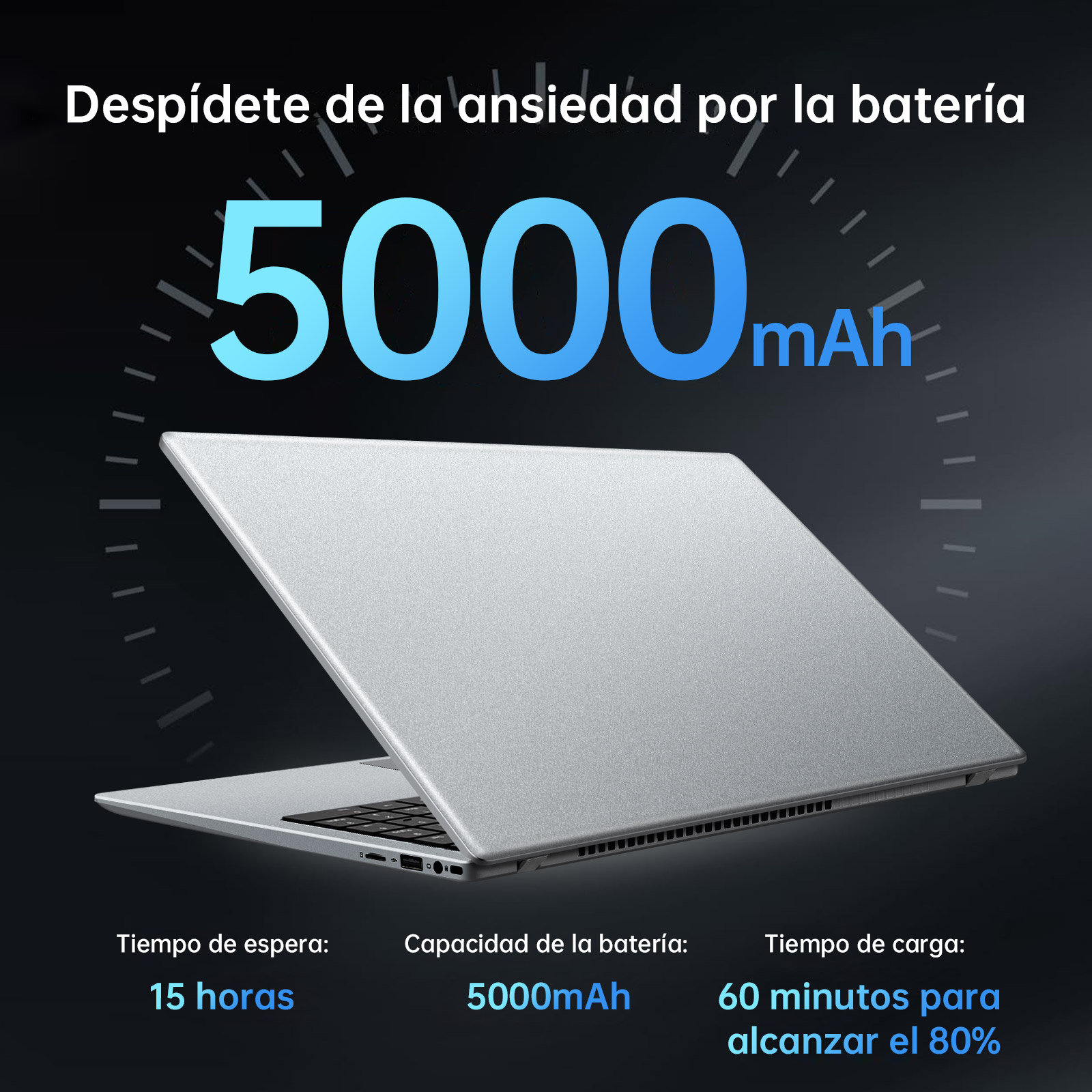 Portátil plateado con batería de 5000 mAh. Muestra: 15h espera, 60 min para 80% carga.