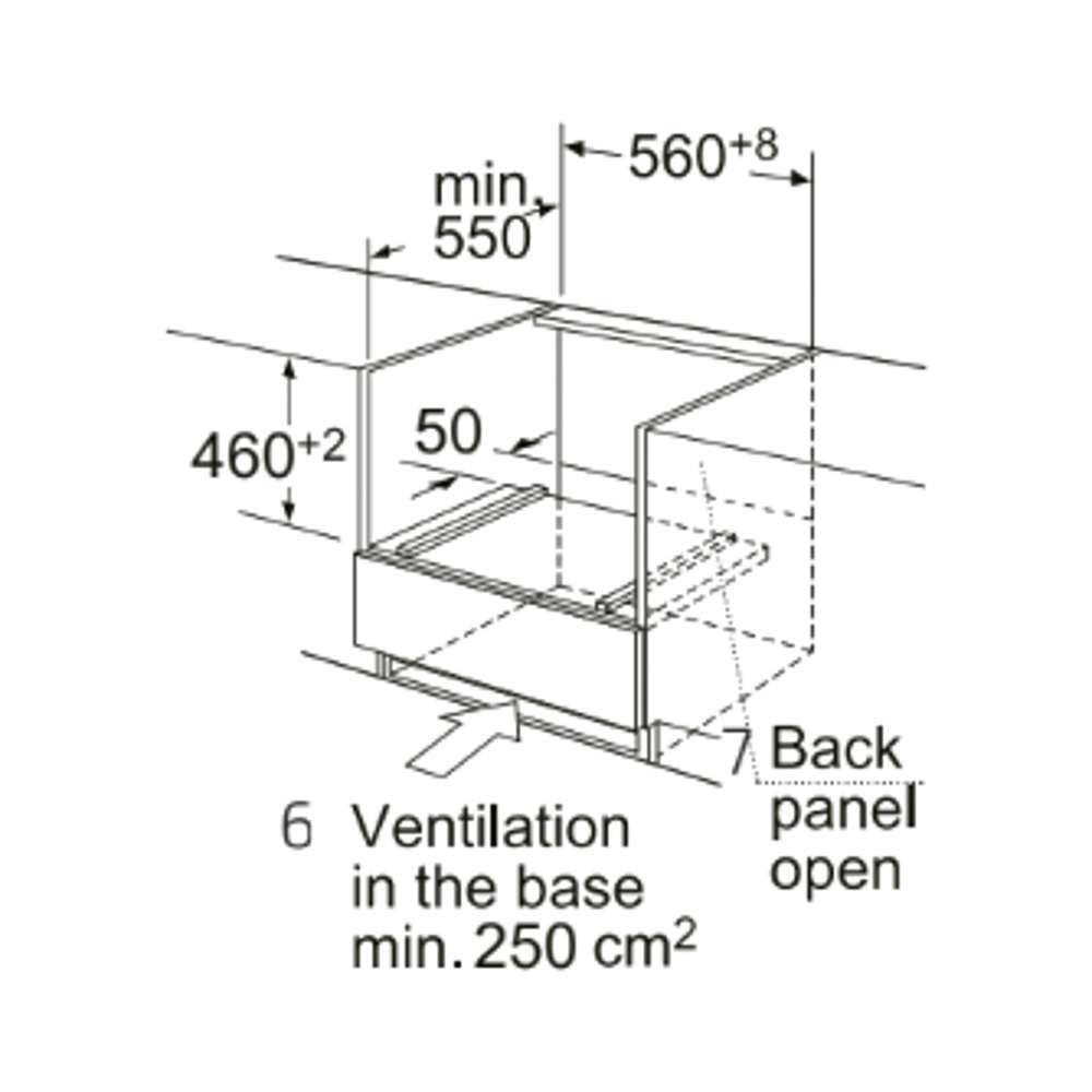 Diagramma con dimensioni di un sistema di ventilazione: 560+8, 550 min, 460+2 e 50. Indica ventilazione e pannello posteriore aperto.