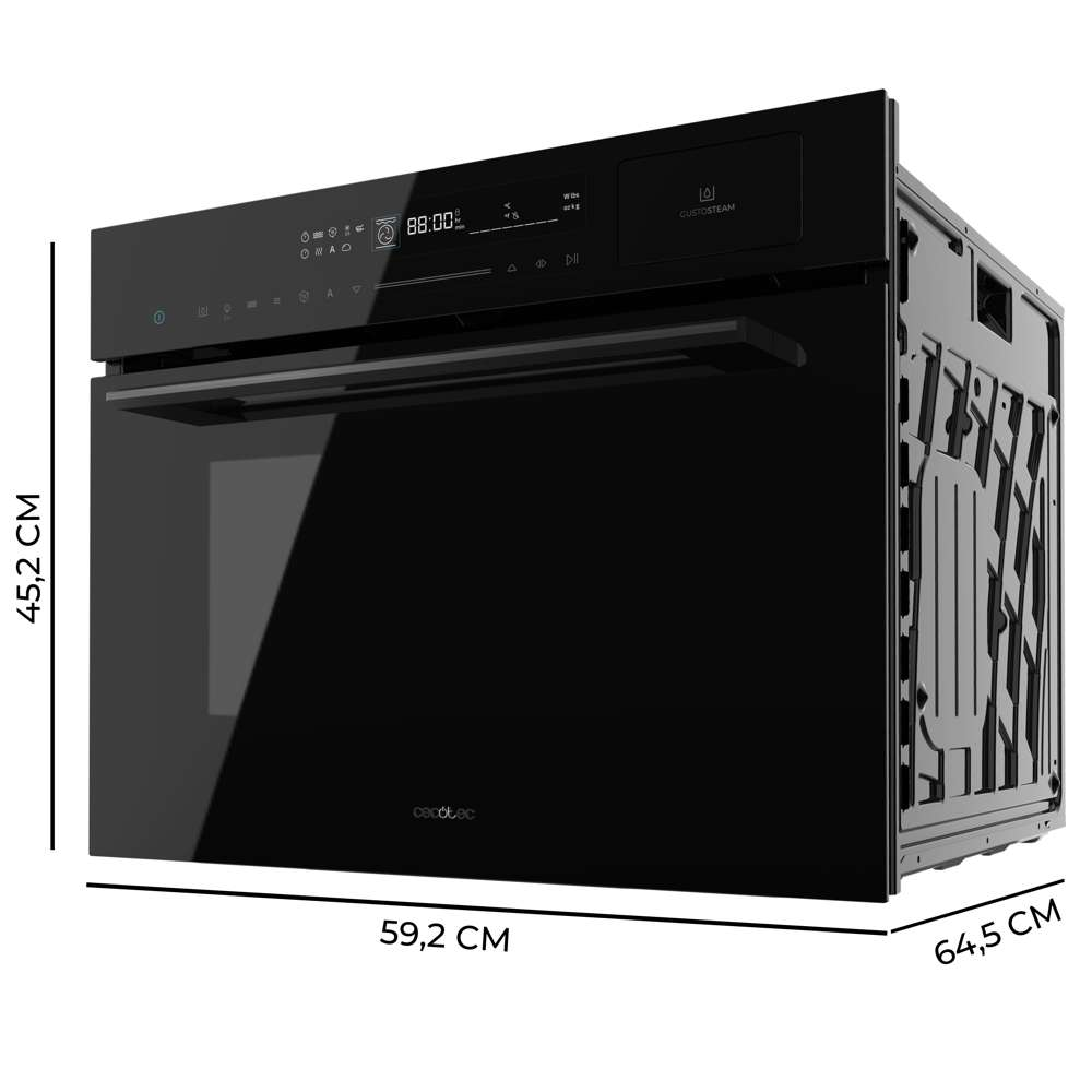 Forno nero a incasso con display digitale che mostra l'ora. Dimensioni visualizzate. Marchio visibile in basso.