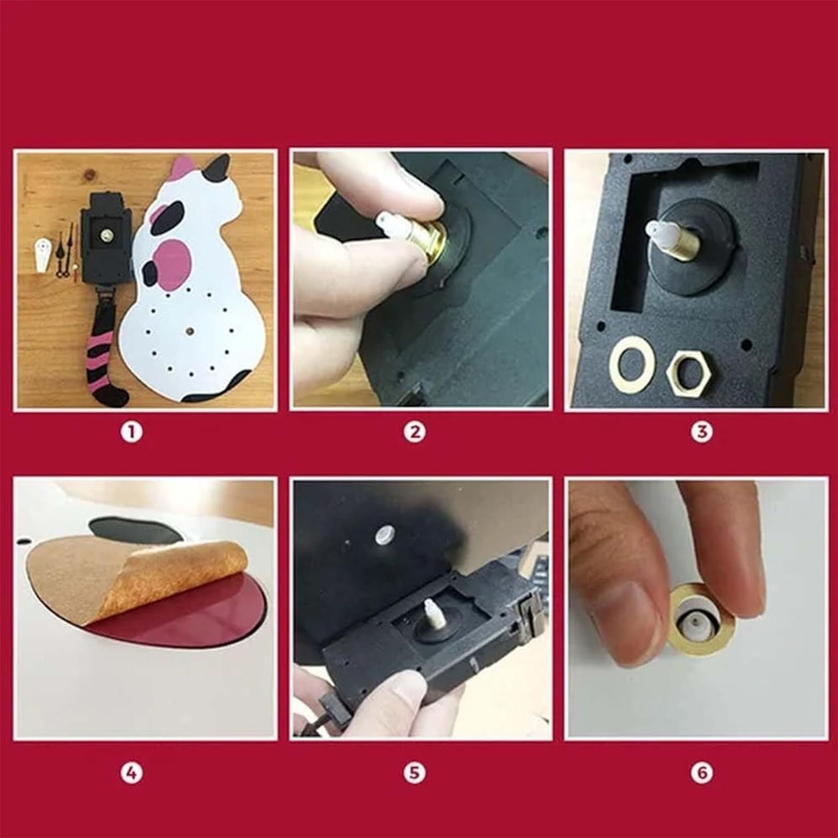 Istruzioni per l'assemblaggio di un orologio a forma di gatto. Include parti dell'orologio, lancette e hardware di montaggio.