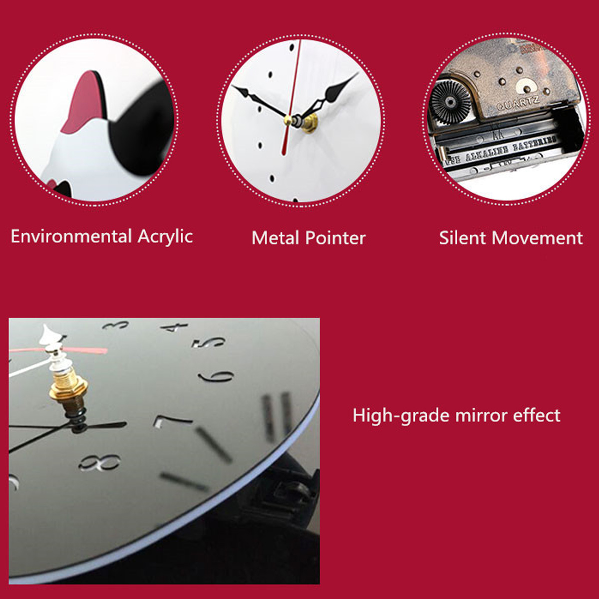 L'immagine mostra un orologio con effetto specchio. Ha un quadrante bianco con numeri neri, un puntatore in metallo e un movimento silenzioso.