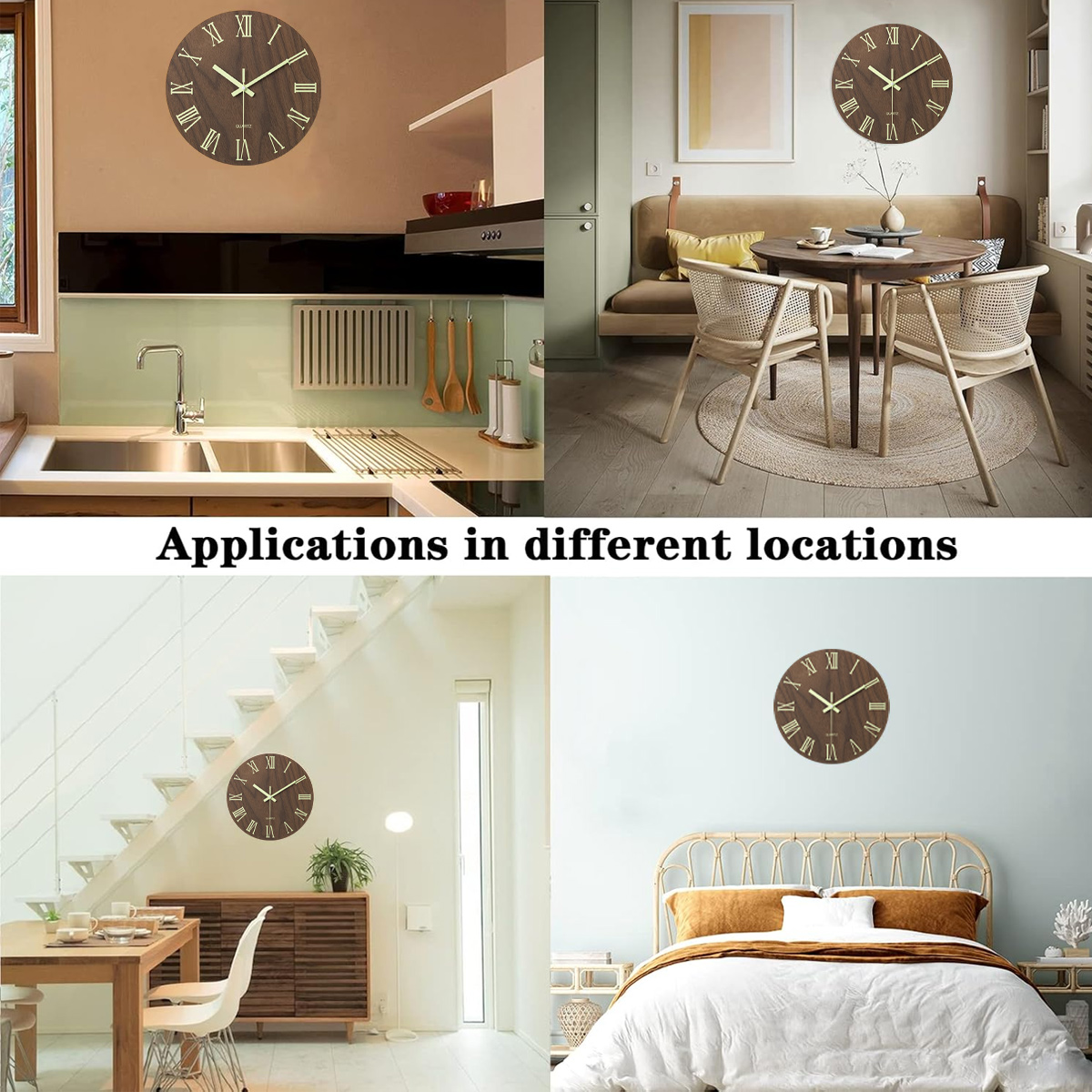 L'immagine mostra un orologio in legno in quattro diverse ambientazioni: cucina, sala da pranzo, scala e camera da letto, dimostrando il suo uso versatile.