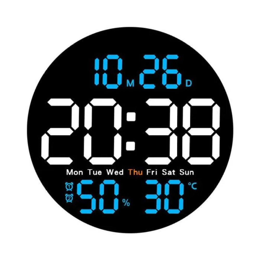 Un quadrante digitale mostra data, ora e temperatura. L'ora è 20:38, la data è 10.26, l'umidità è 50% e la temperatura è 30°C.