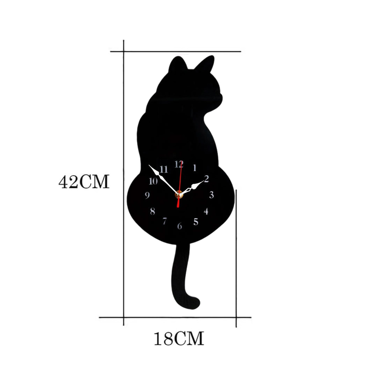 Un orologio nero a forma di gatto. Le lancette indicano l'ora. Le dimensioni sono 42 cm di altezza e 18 cm di larghezza.