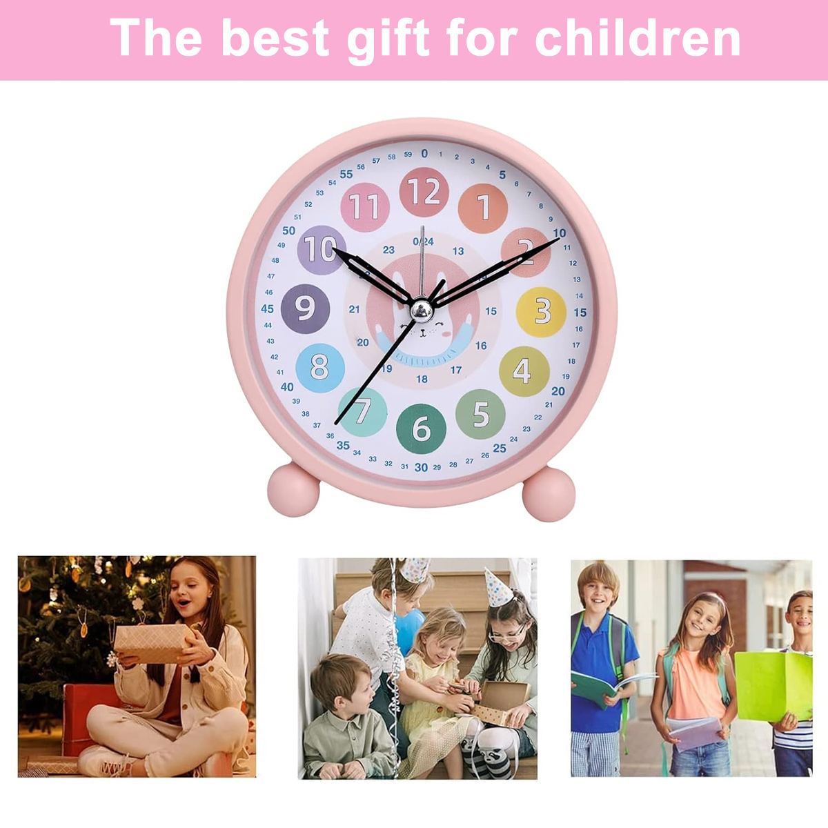 Un orologio rosa con numeri colorati e alcuni bambini che aprono regali e vanno a scuola.