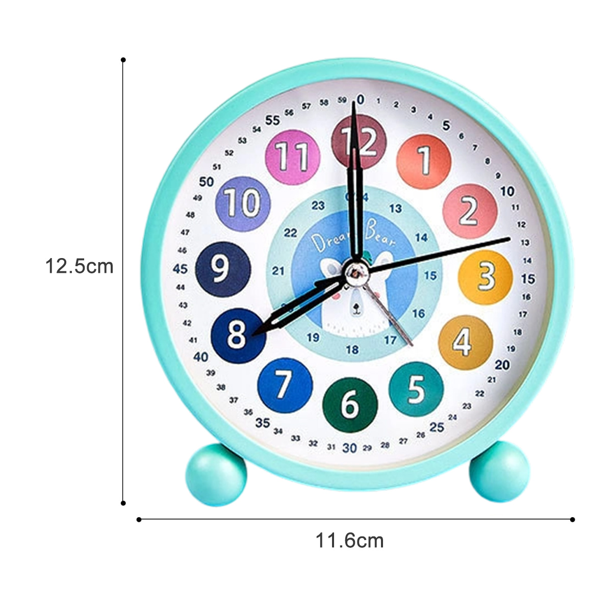 Un orologio rotondo turchese con numeri colorati. Ha due gambe e l'ora è circa le 7:59. Le misure sono indicate.