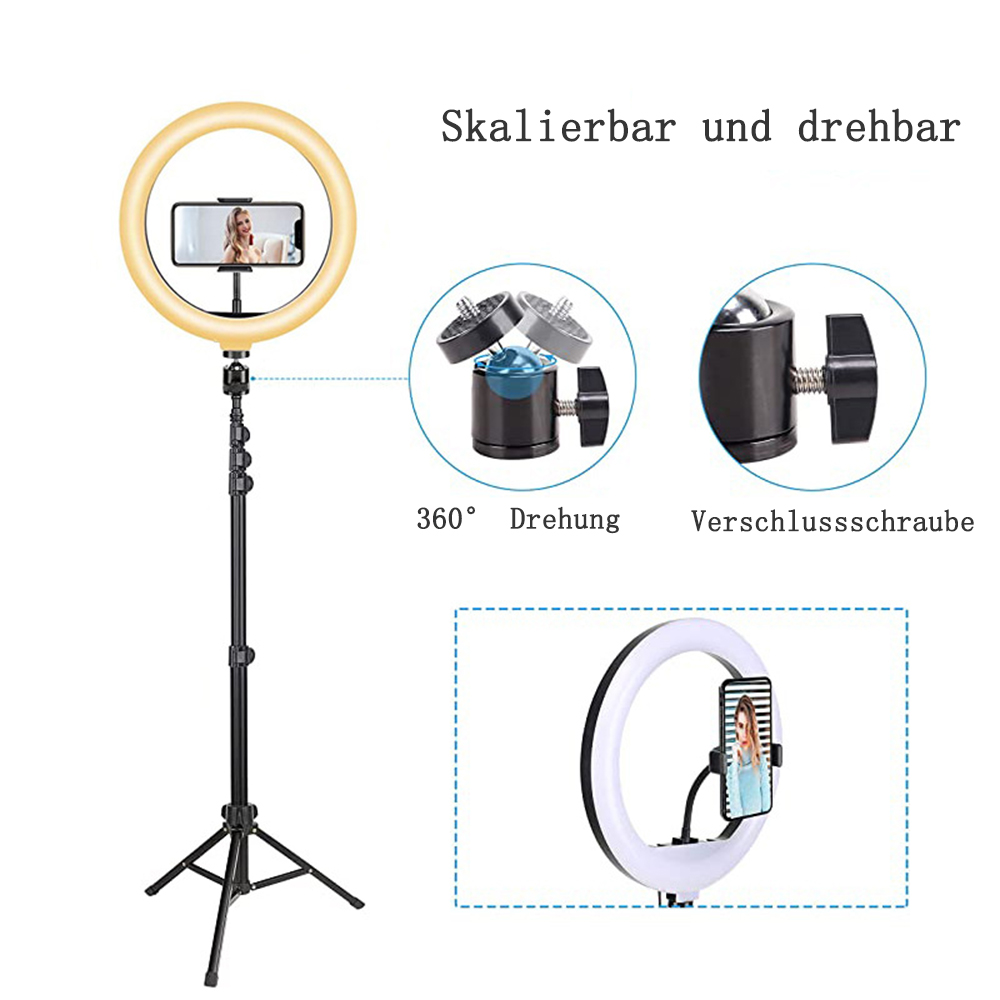 Una ring light con telefono su treppiede. Dettagli: rotazione a 360° e vite di bloccaggio.