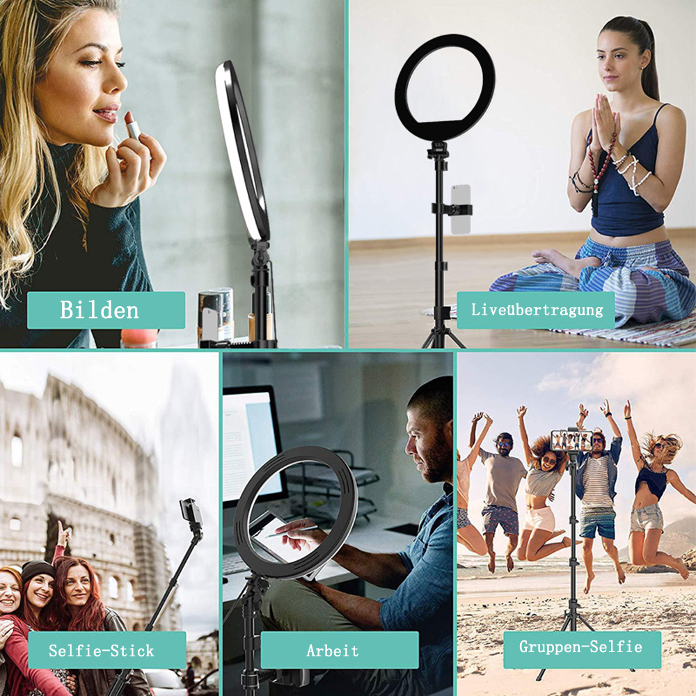 Collage che mostra vari usi delle luci ad anello: trucco, streaming live, selfie, lavoro e selfie di gruppo. Le persone li usano in diversi contesti.