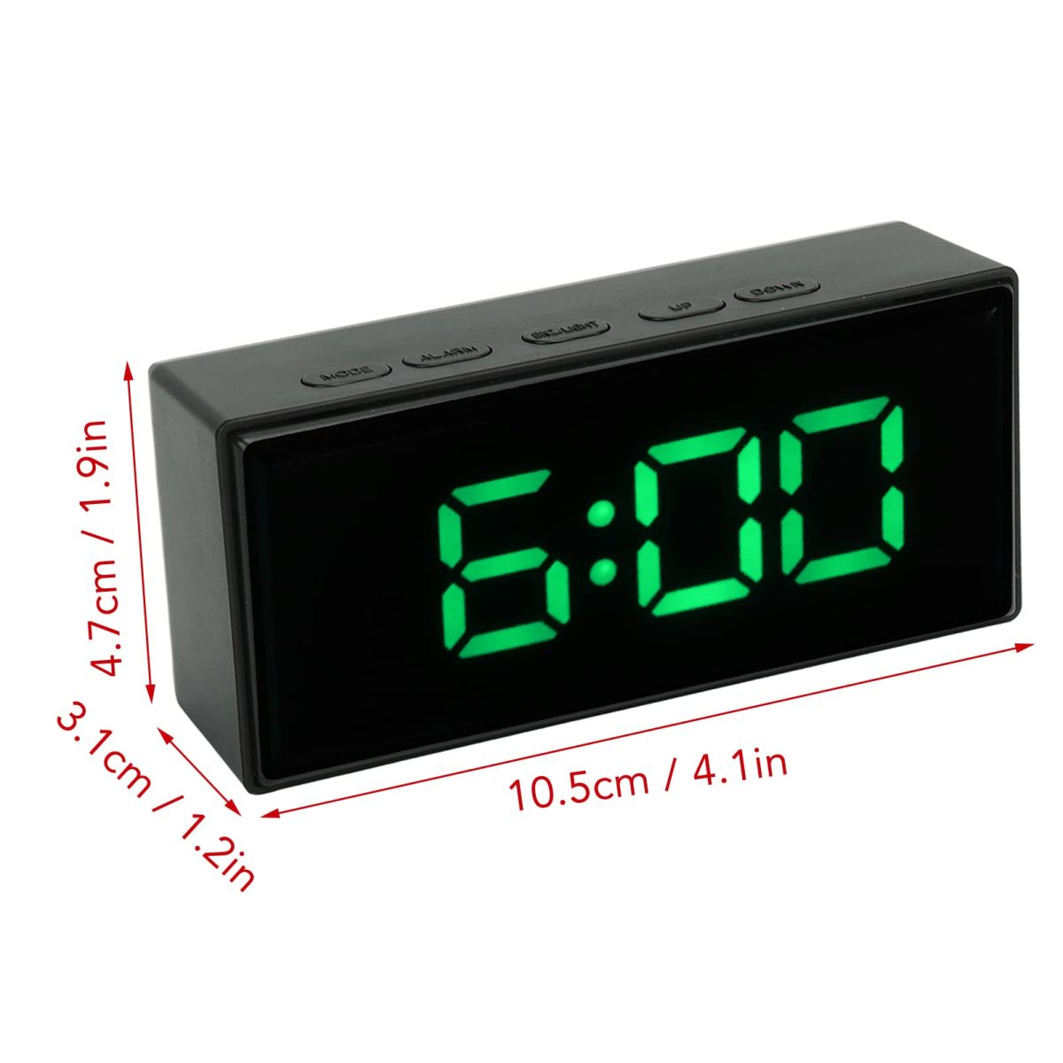 Ein schwarzer digitaler Wecker mit grünen Ziffern 6:00. Abmessungen sind angegeben.