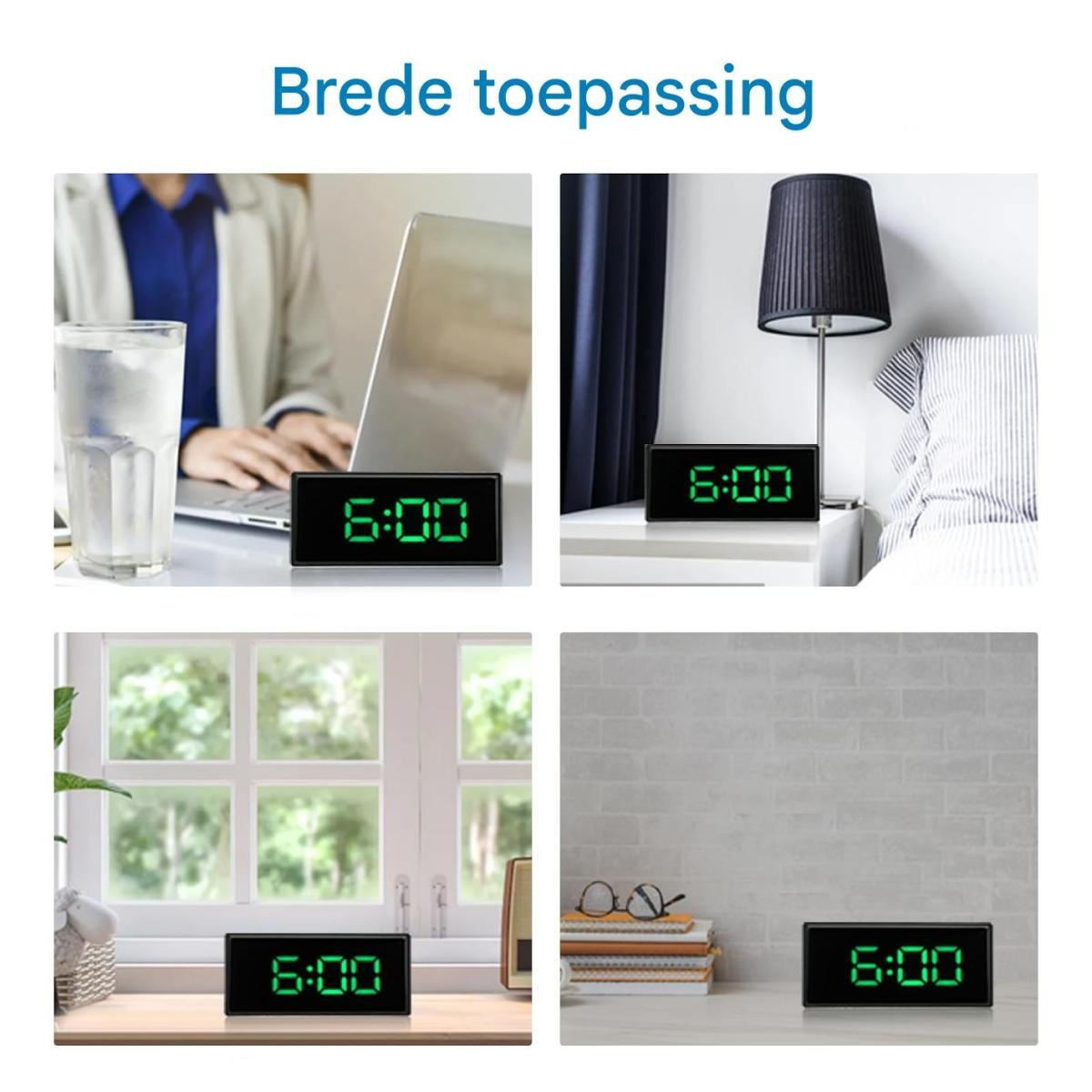 Vier Bilder von Digitaluhren mit der Anzeige 6:00 Uhr. Szenen umfassen ein Büro, Schlafzimmer, in der Nähe eines Fensters und auf einem Schreibtisch.