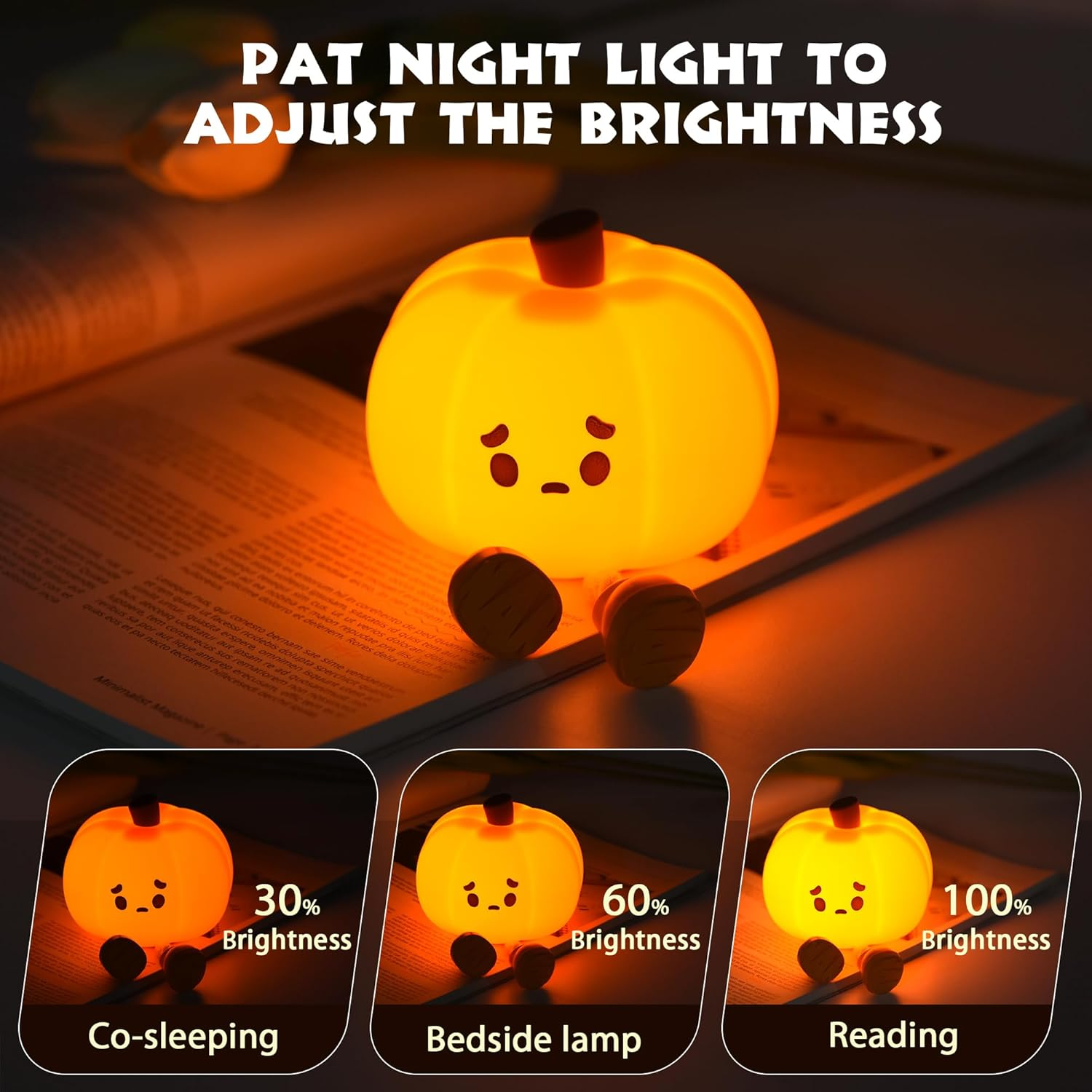 Una luce notturna a forma di zucca brillante con impostazioni di luminosità regolabili. È su un libro e vengono mostrati tre scenari.