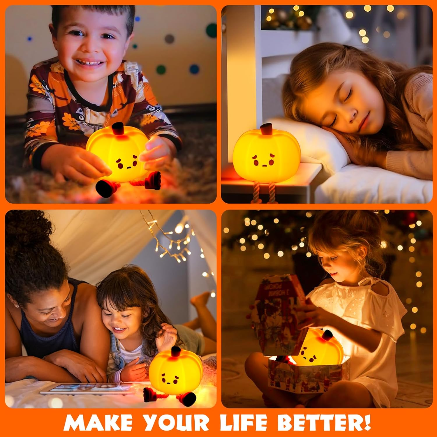 Quattro immagini mostrano bambini con lampade a forma di zucca. Un bambino sorride, un altro dorme. Altri due interagiscono con le lampade e un genitore.