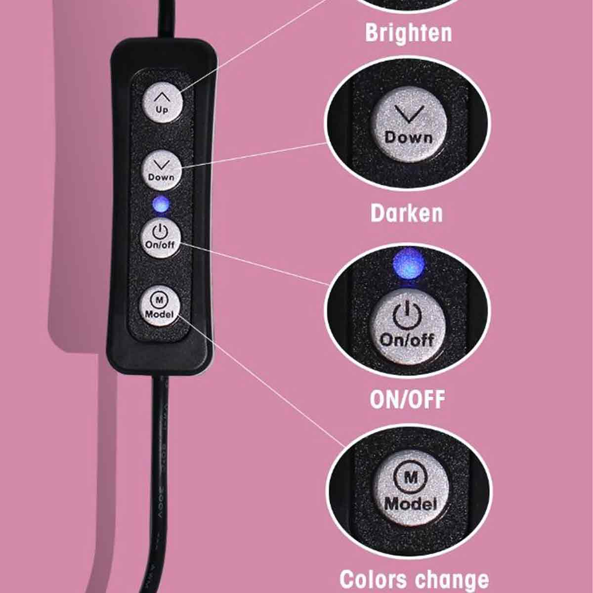 Eine schwarze Steuerung mit Tasten für oben, unten, Ein/Aus und Modell sowie separate Regler für Helligkeit und Farbe.