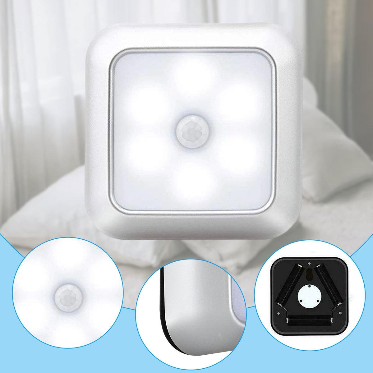 Una luce notturna quadrata con sensore di movimento. Ha sei luci luminose. Sono mostrati anche i dettagli del sensore e della base.