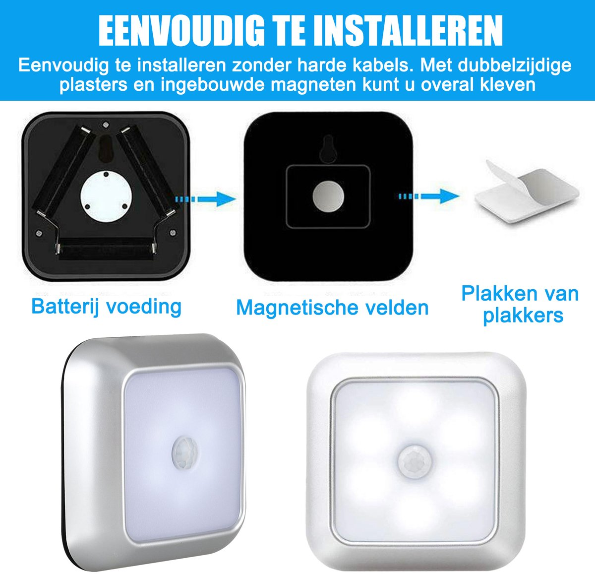 L'immagine mostra i passaggi di installazione di una luce. Include batteria, campi magnetici e cuscinetti adesivi. Sono mostrate anche due luci.