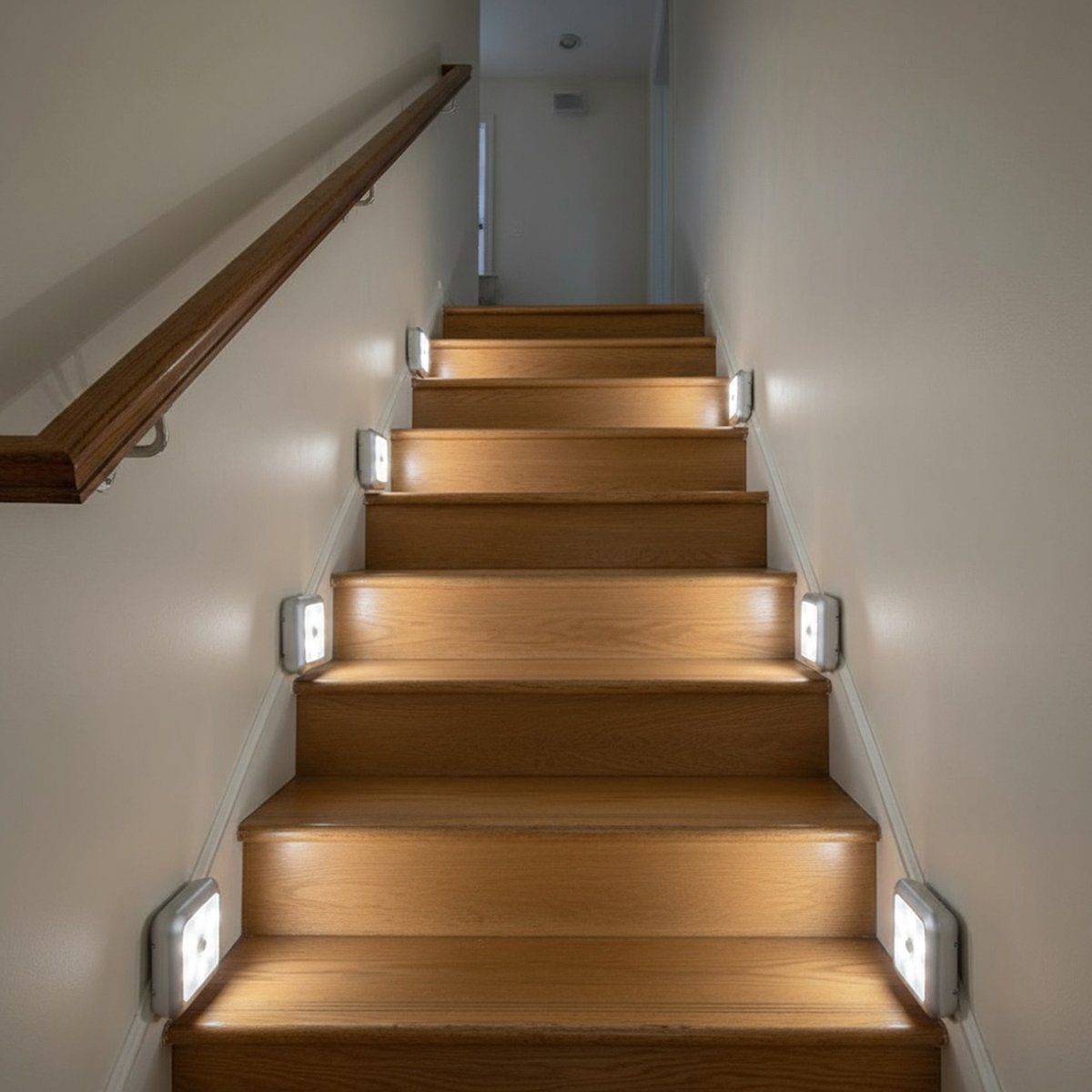 Scala in legno con luci laterali. Corrimano a sinistra. Muri bianchi. Luci che illuminano i gradini.