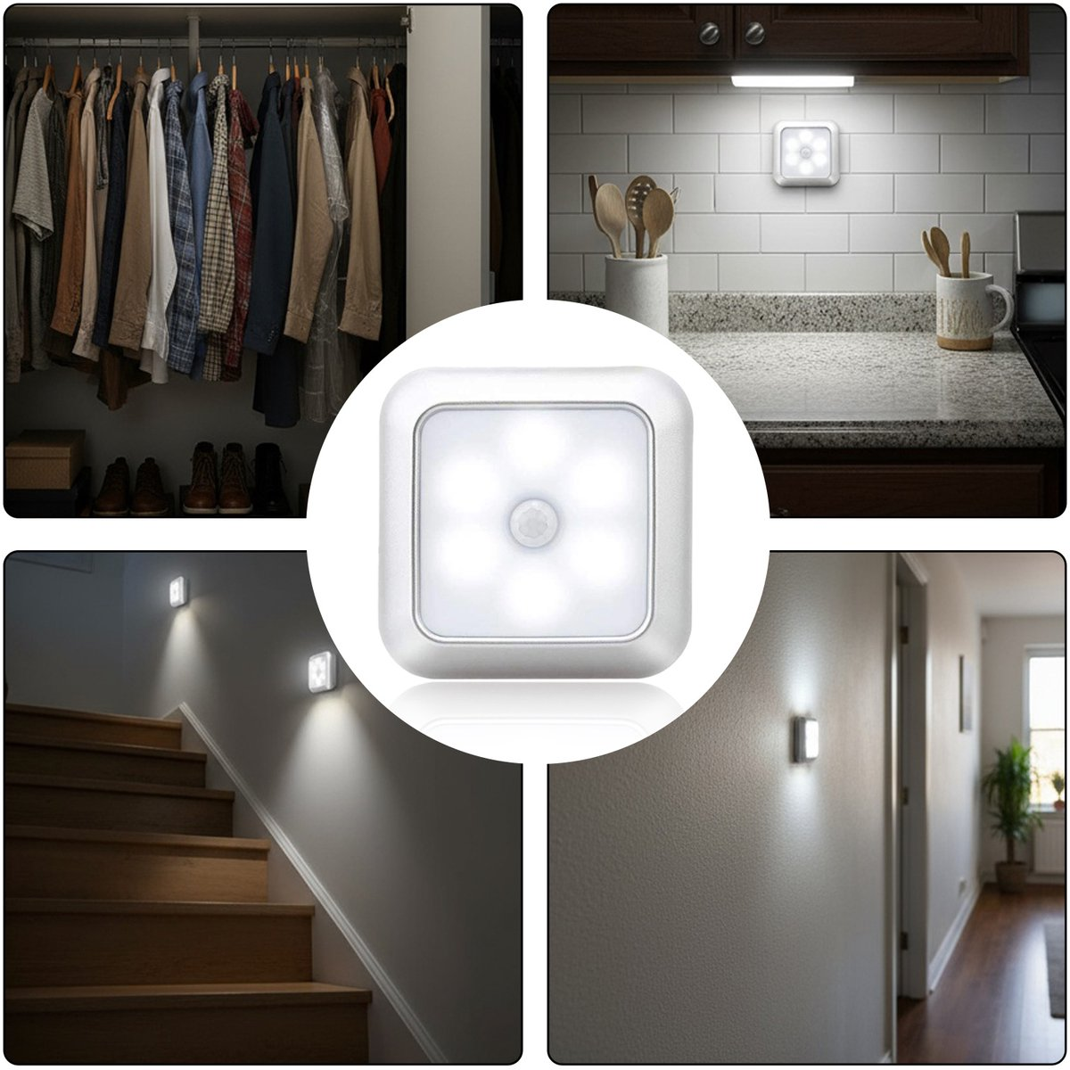 Una luce LED quadrata in più ambienti: armadio, cucina, scale e corridoio. Ogni luogo mostra l'installazione della luce.