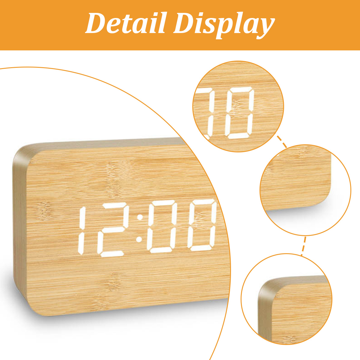 Un orologio digitale in legno mostra le 12:00. L'orologio ha una forma rettangolare con angoli arrotondati. Viene visualizzato il display dei dettagli.