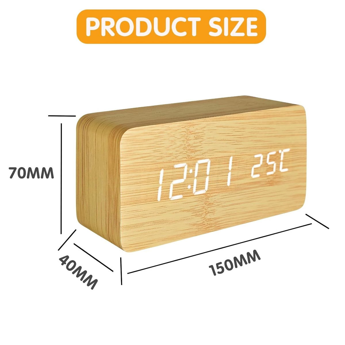 Orologio digitale in legno con 12:01 e 25C. Dimensioni 150 mm x 70 mm x 40 mm. Testo 'PRODUCT SIZE' in alto.