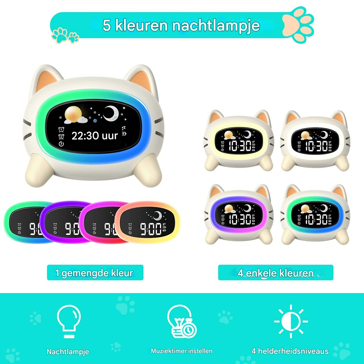 Una luce notturna a forma di gatto con display digitale. Ha più opzioni di colore e icone di funzione.