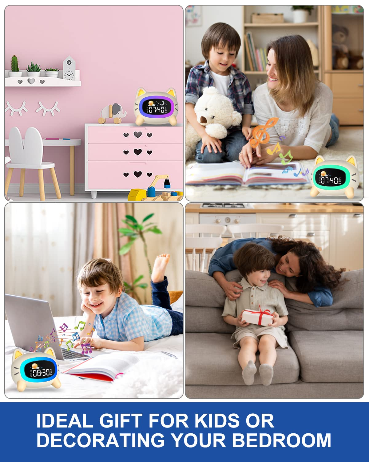 Quattro immagini mostrano un orologio a forma di gatto, bambini e una donna. Le scene includono una camera da letto, la lettura e un regalo. Testo: Regalo ideale.