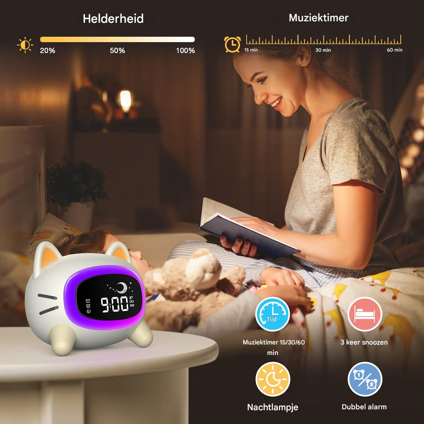 Una donna legge un libro accanto a un bambino che dorme. Un orologio a forma di gatto è su un tavolo. Le icone indicano timer, snooze, luce notturna e doppia sveglia.