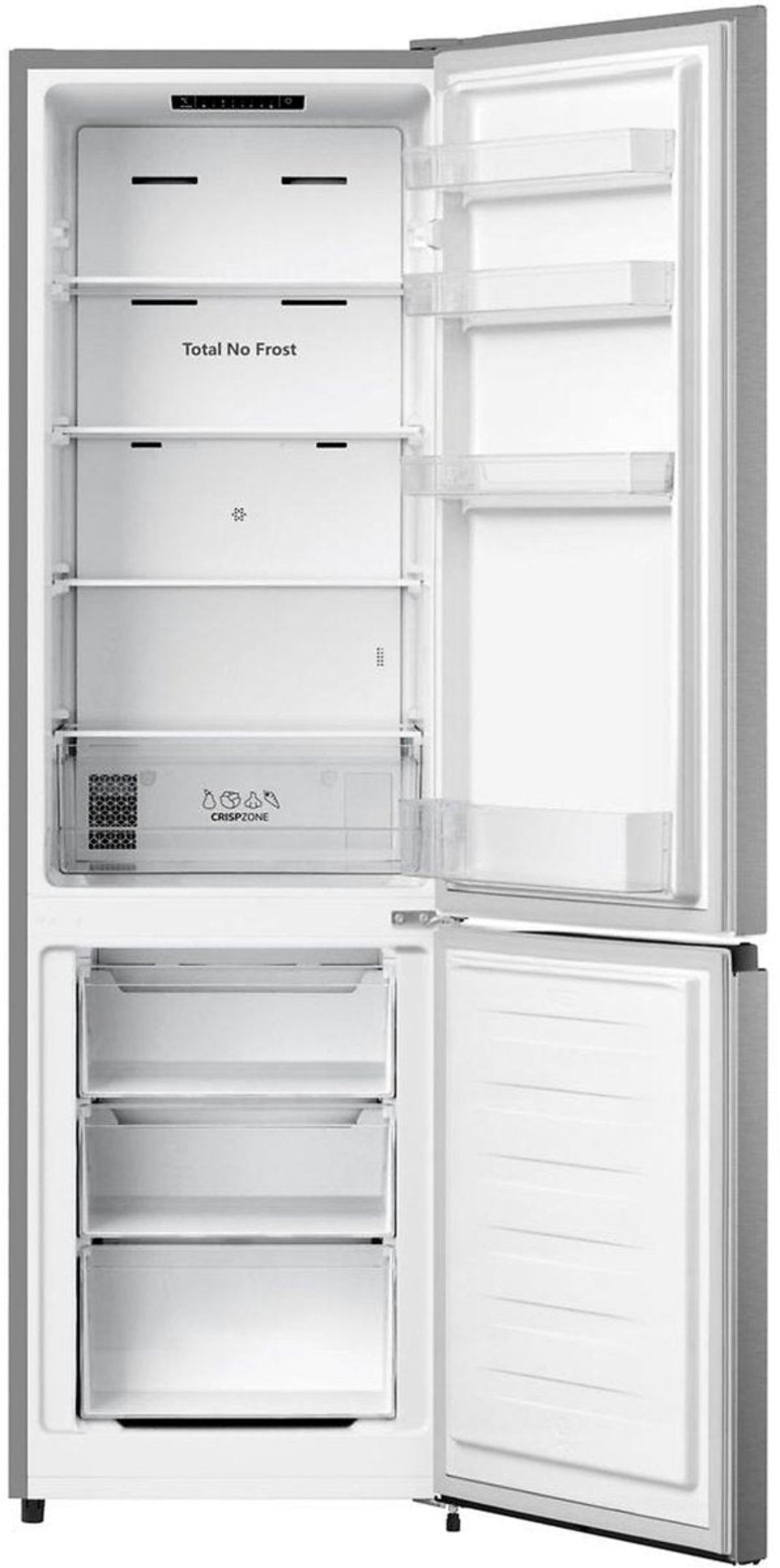Ein weißer Kühlschrank mit offener Tür, der Regale und Schubladen zeigt. Die Gefriertür ist ebenfalls offen.