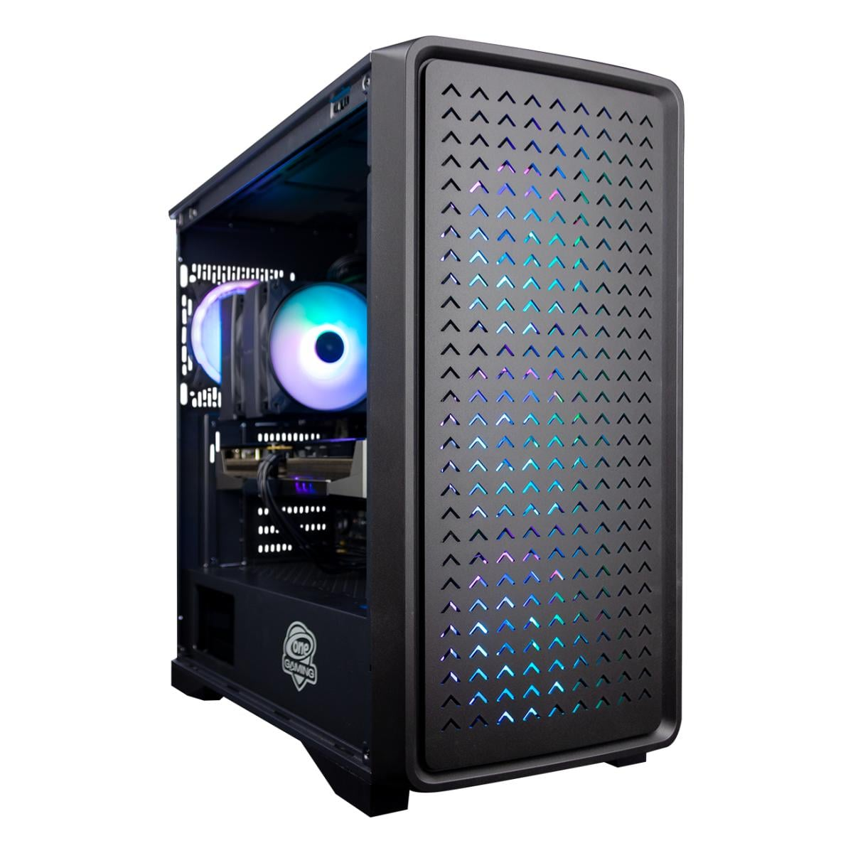 Ein schwarzes PC-Gehäuse mit RGB-Beleuchtung und sichtbarem Lüfter im Inneren.