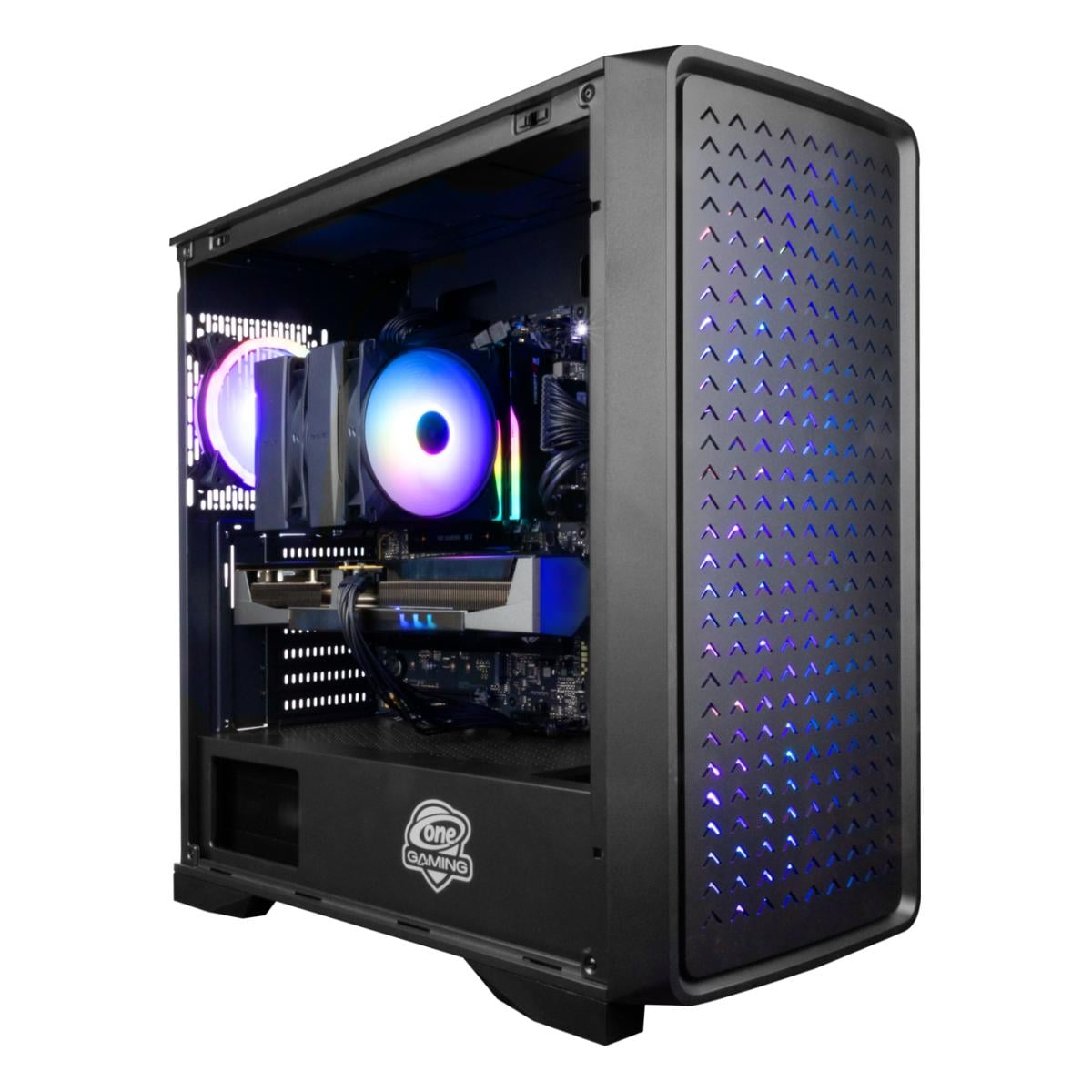 Ein schwarzes Computergehäuse mit RGB-Beleuchtung. Im Inneren befinden sich Computerkomponenten. Die Front hat ein Pfeilmuster.