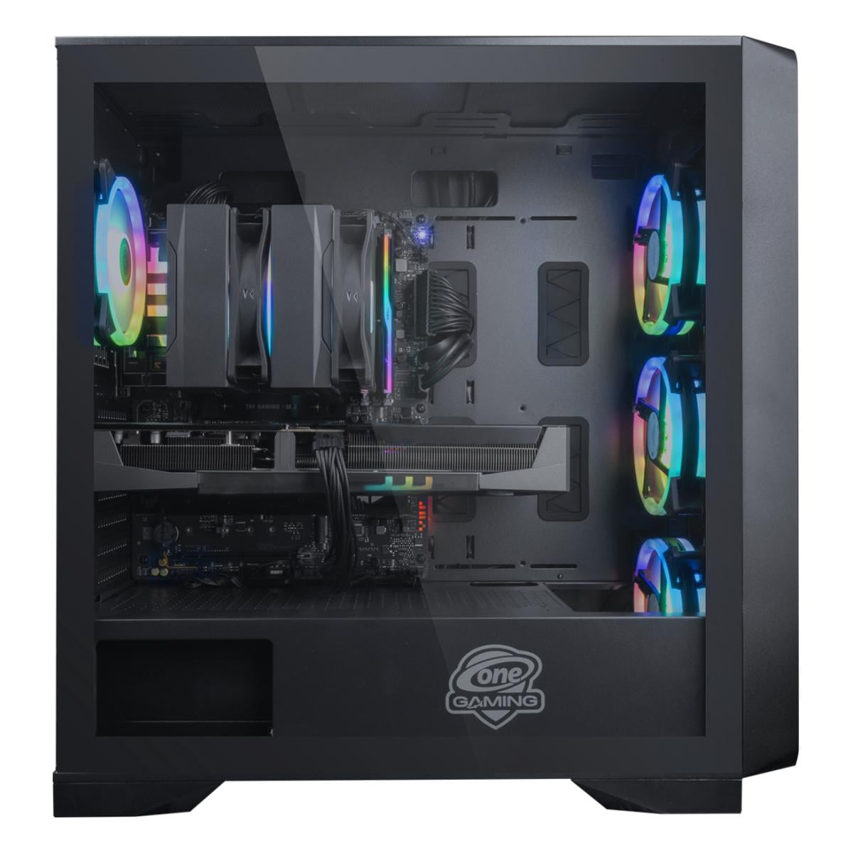 Ein Computergehäuse mit Glasfront, das die Komponenten zeigt: Lüfter, CPU-Kühler, Grafikkarte und Mainboard, alle mit RGB-Beleuchtung.