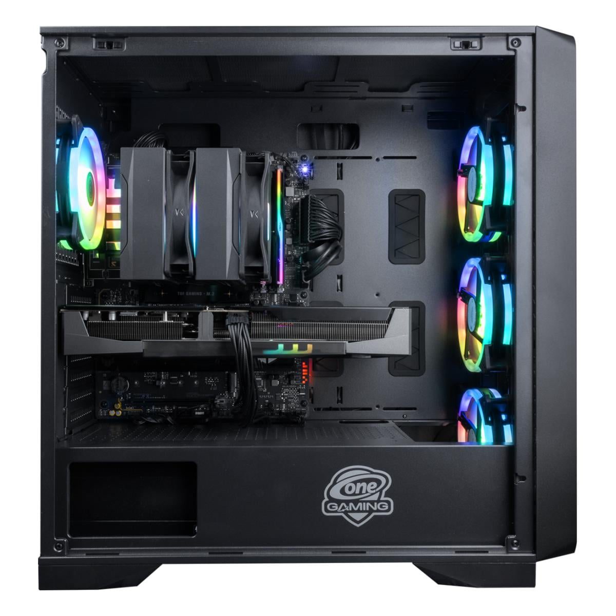 Ein Computergehäuse mit internen Komponenten, die von farbenfrohen LEDs beleuchtet werden. Zu den Komponenten gehören ein CPU-Kühler, eine GPU und Lüfter.