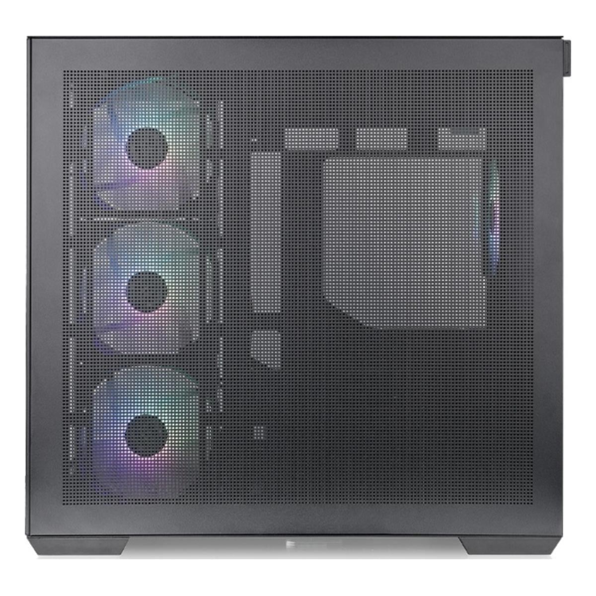 Ein schwarzes Computergehäuse mit drei sichtbaren Lüftern mit bunten Lichtern. Die Vorderseite ist ein perforiertes Gitter.