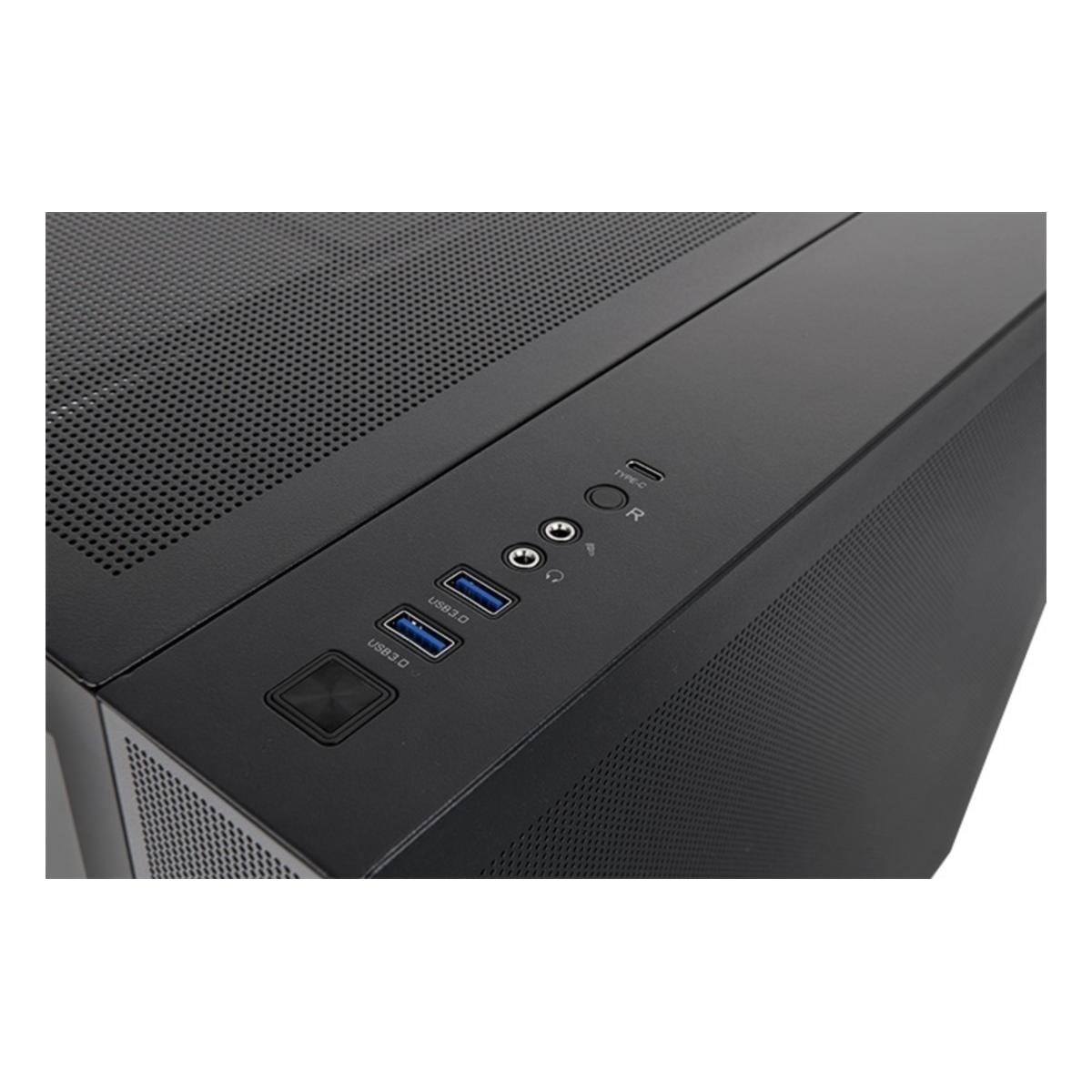 Nahaufnahme eines schwarzen Computergehäuses. Es hat USB-Anschlüsse, einen Einschaltknopf und Audioanschlüsse. Das Gehäuse hat ein Mesh-Design.