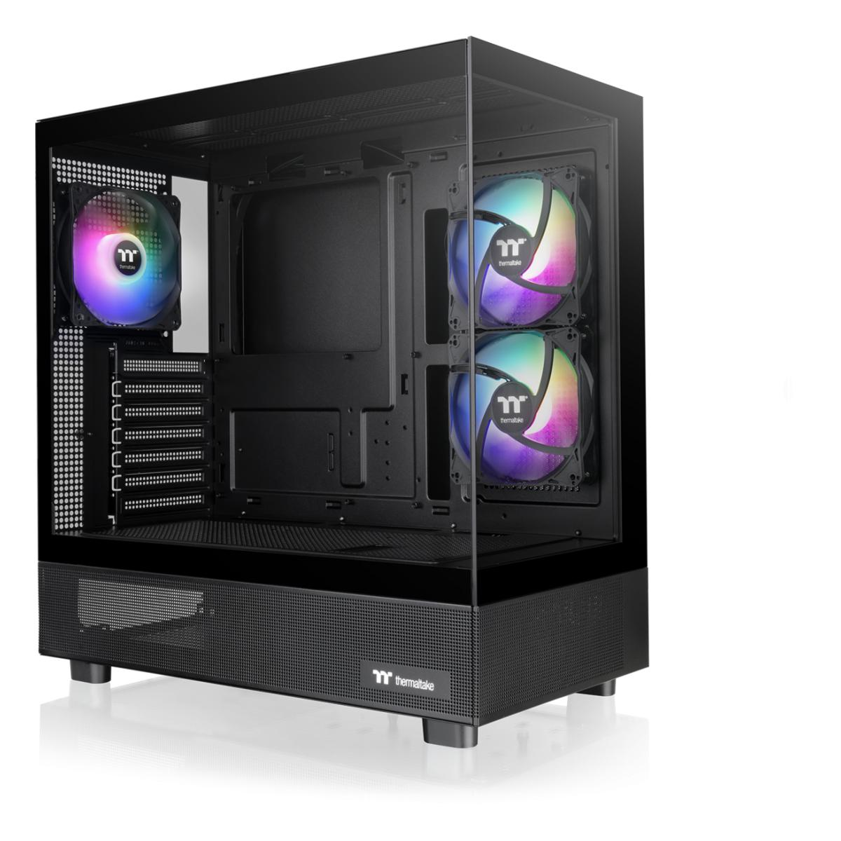 Schwarzes Computergehäuse mit Glasfront. Im Inneren befinden sich bunte Lüfter. Das Gehäuse ist von Thermaltake. Der Hintergrund ist weiß.