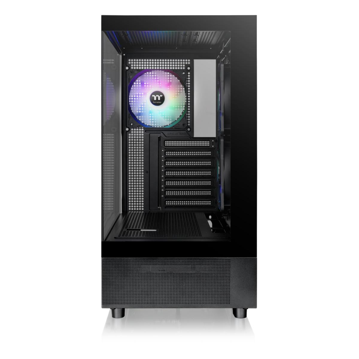 Ein Computergehäuse mit Glasseitenwand. Innen sind ein farbenfroher Lüfter und Komponenten sichtbar. Schwarzes Gehäuse mit Mesh-Front.