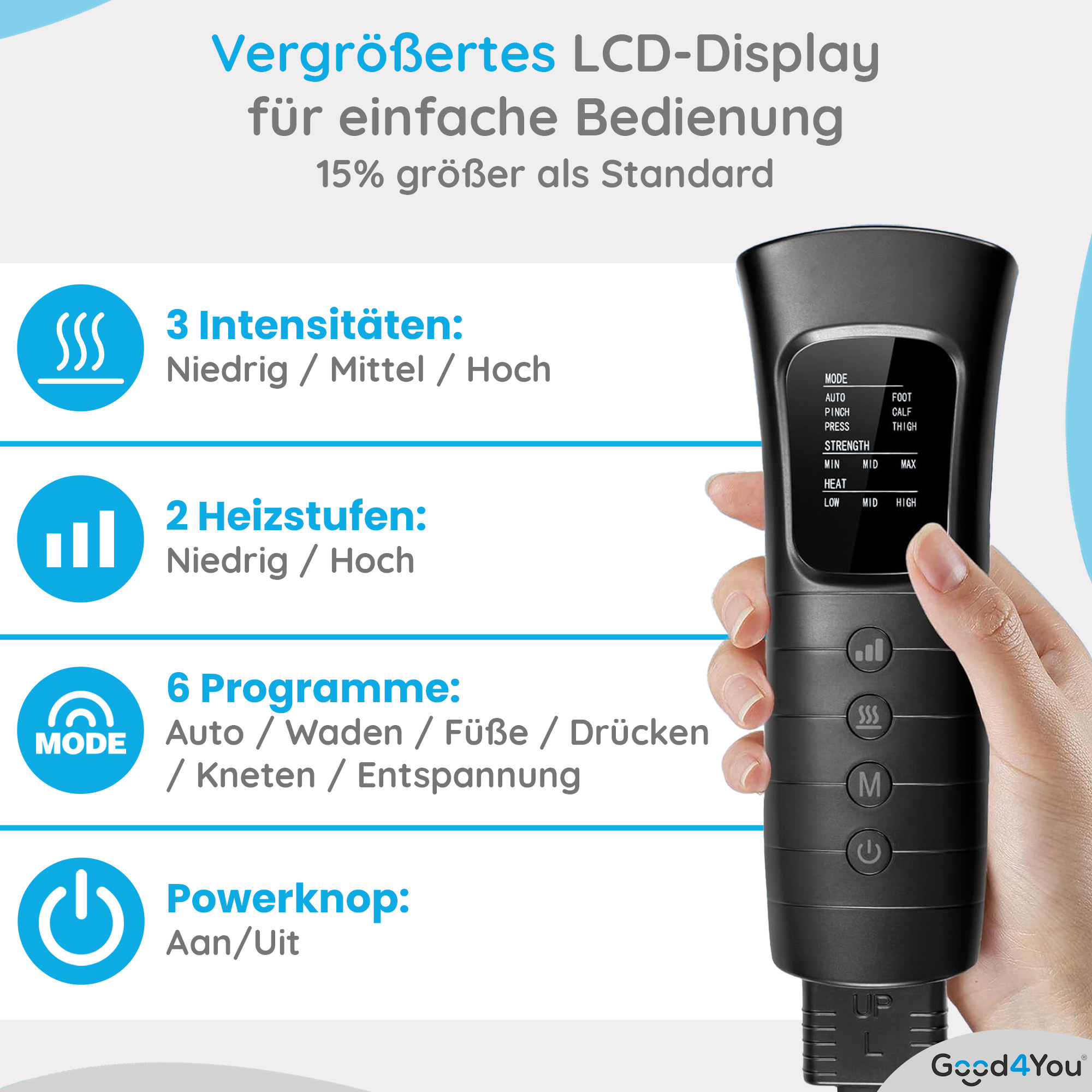 Eine Hand hält ein schwarzes Gerät mit Bildschirm und Knöpfen. Text beschreibt Intensitätsstufen, Programme und Optionen.