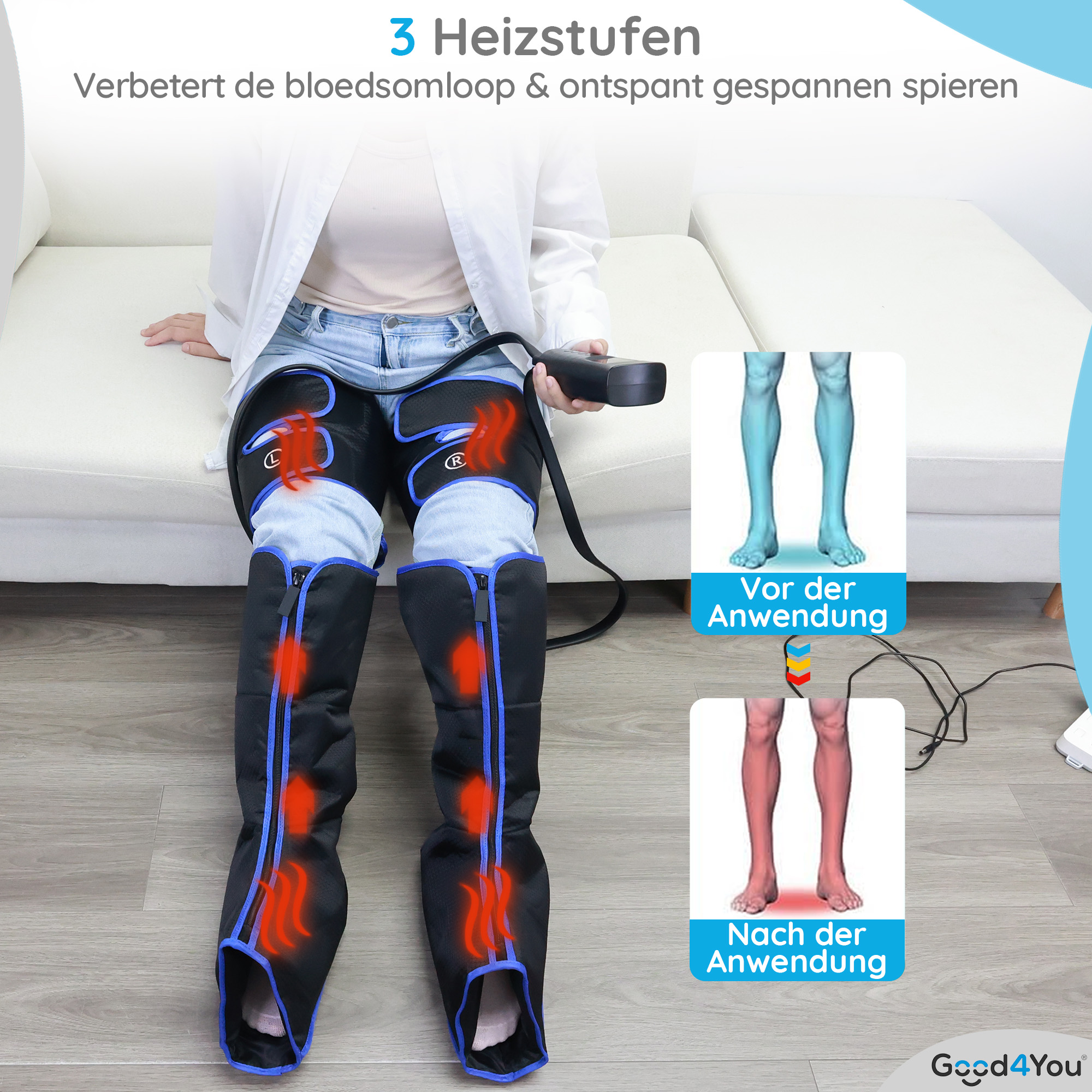 Person mit Beinmassagegerät. Text: 3 Heizstufen. Vergleichsbild Beine vor und nach Gebrauch.