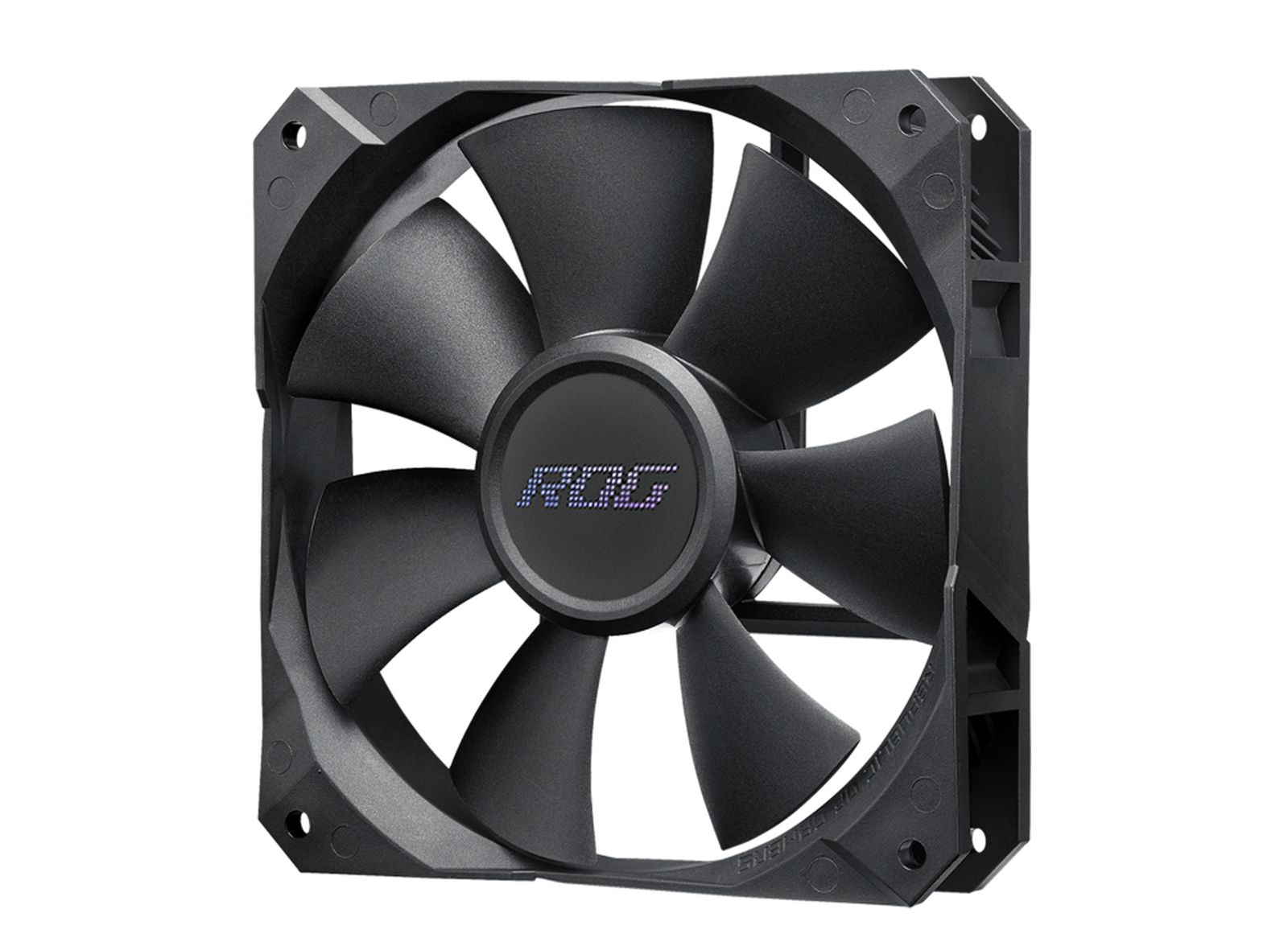 Ventola per computer nera con sette pale. Al centro è presente il logo ROG. La ventola è su sfondo bianco.