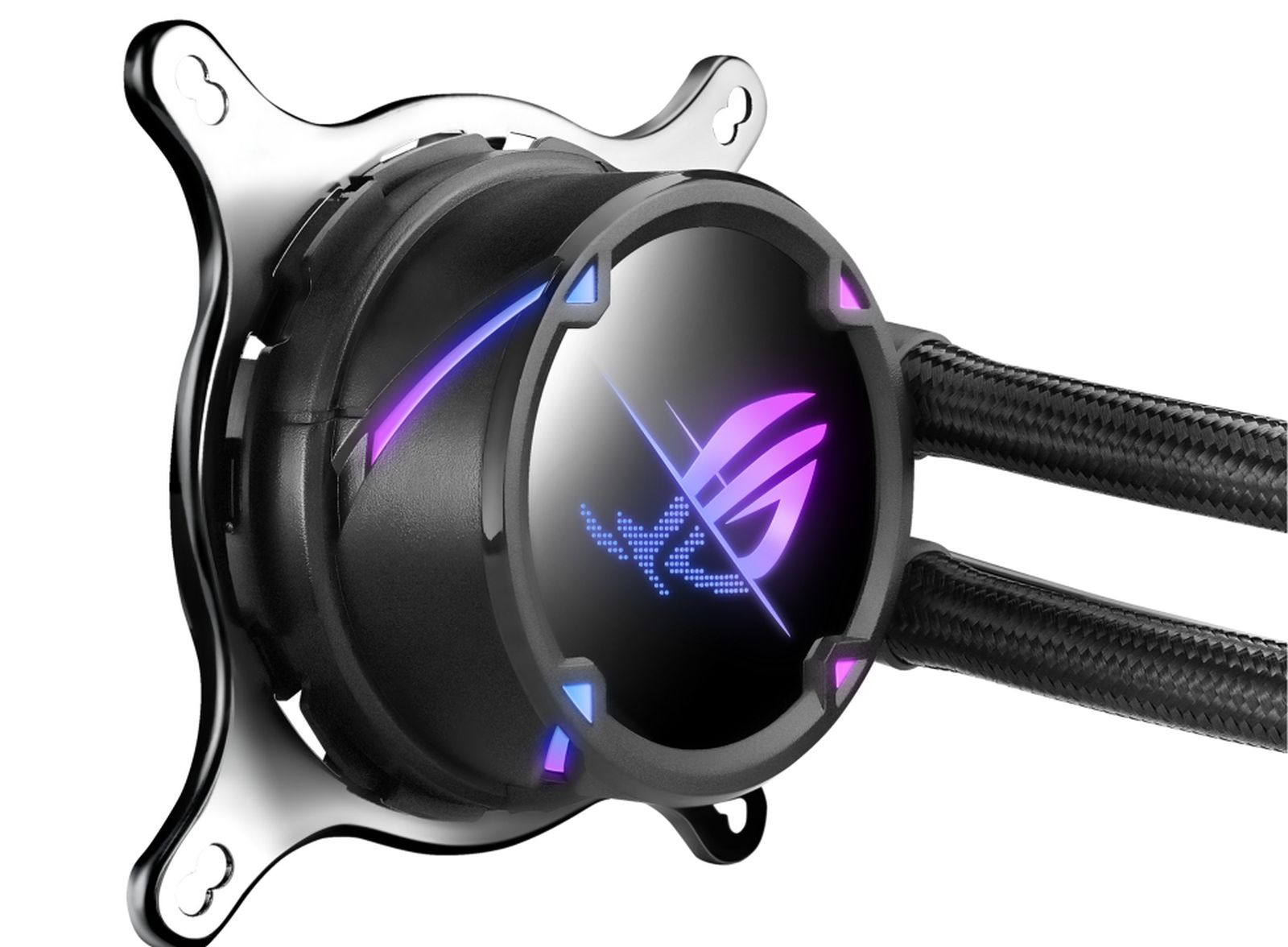 Primo piano di un dissipatore ROG nero con dettagli viola e blu. Due tubi intrecciati si estendono e una staffa argentata circonda il dissipatore.
