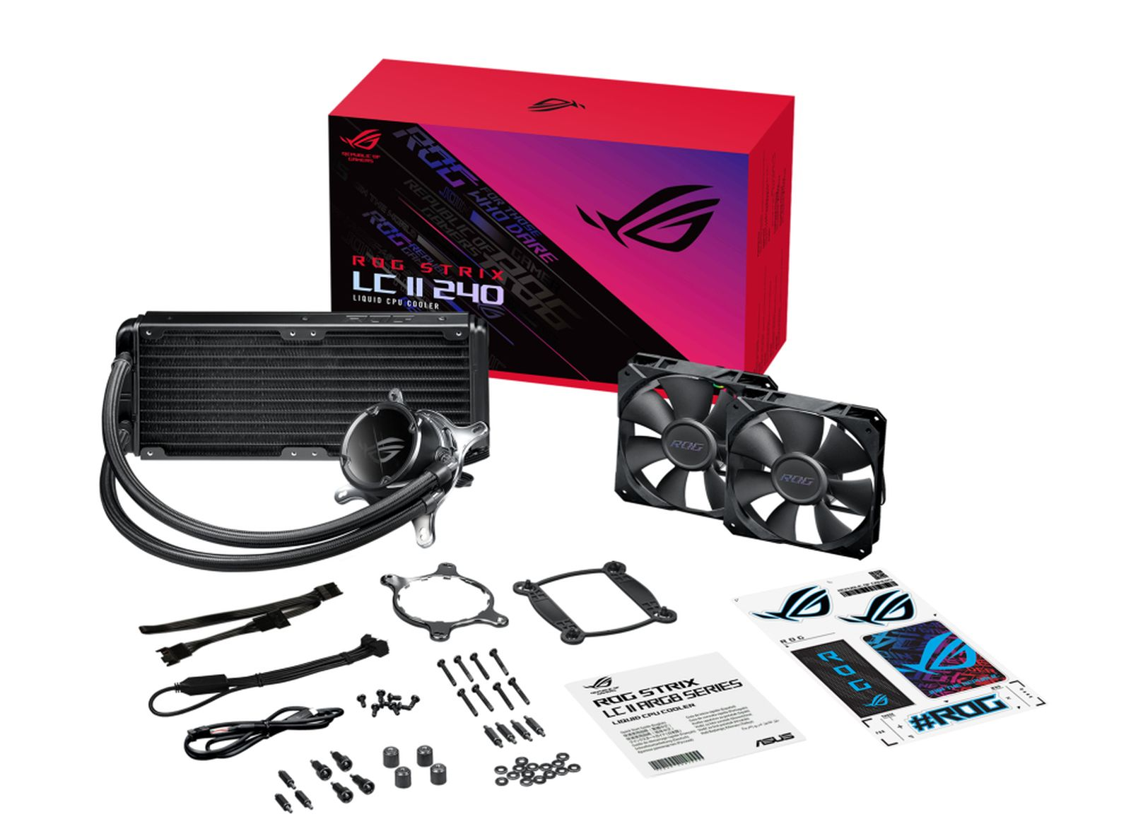 Un kit di raffreddamento a liquido per computer, con radiatore, ventole e accessori, confezionato su una superficie bianca con una scatola rossa sullo sfondo.