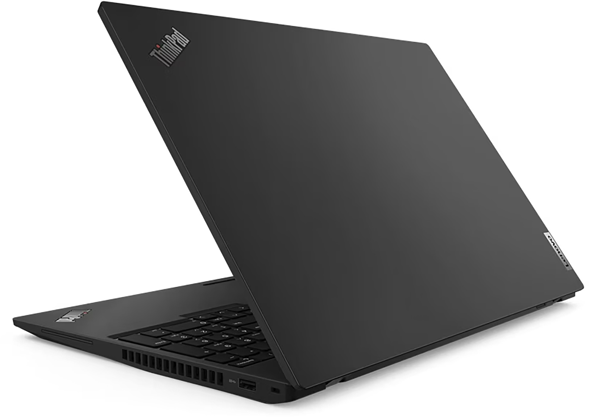 Black Lenovo ThinkPad laptop, open. The screen is up. The keyboard is visible. The logo is on the lid.