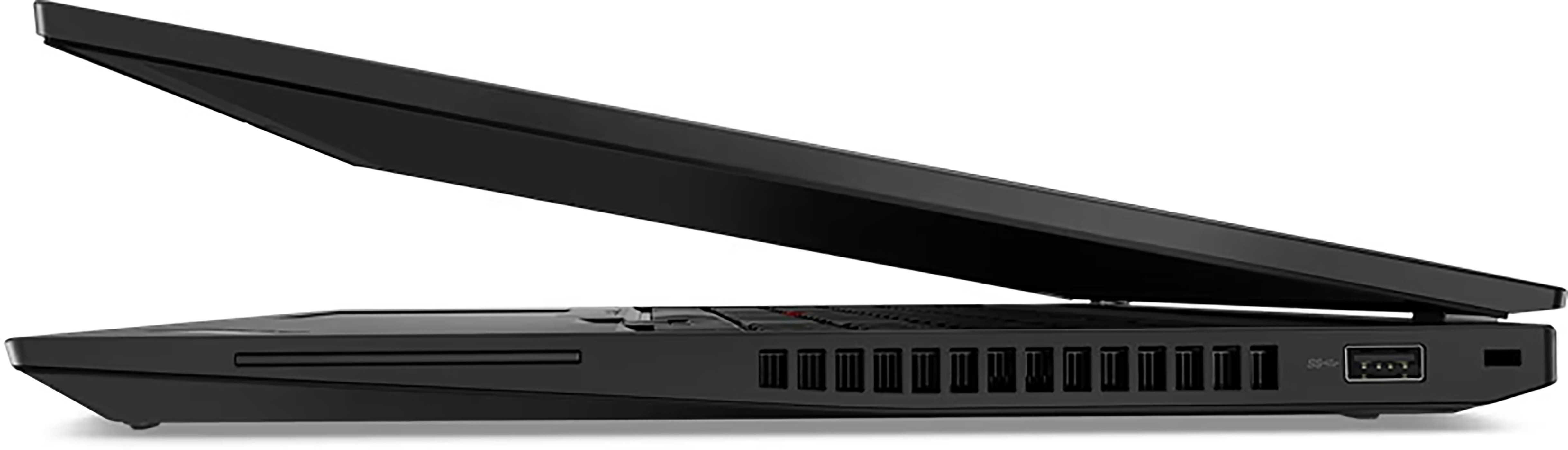Side view of a black laptop. The screen is open.  The side shows ports and vents.